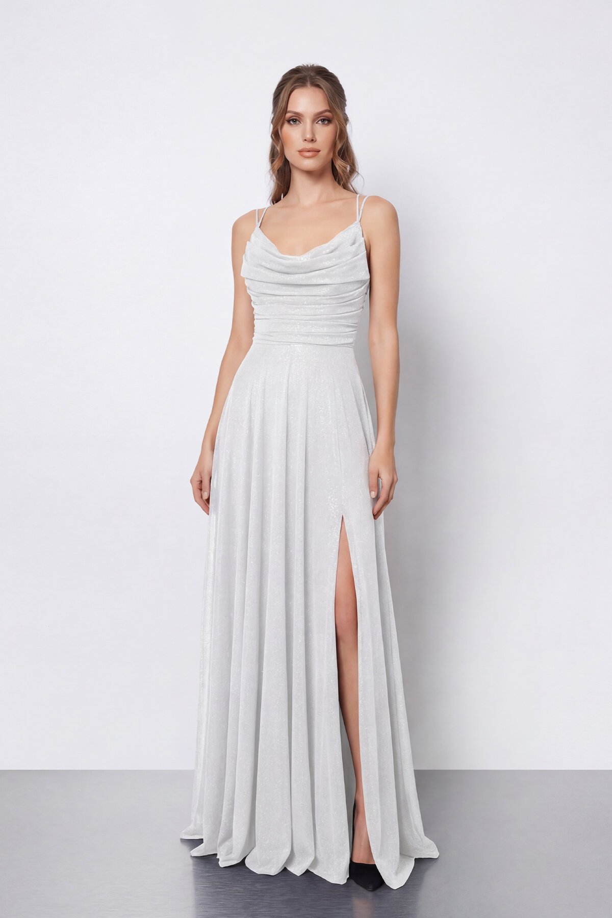 Dökümlü Yaka ve Yırtmaç Detaylı Işıltılı Uzun Abiye - 2042