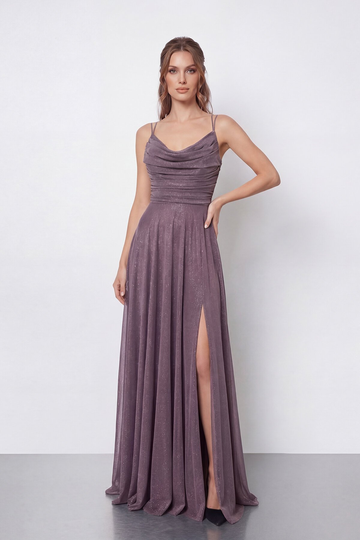 Dökümlü Yaka ve Yırtmaç Detaylı Işıltılı Uzun Abiye - 2042