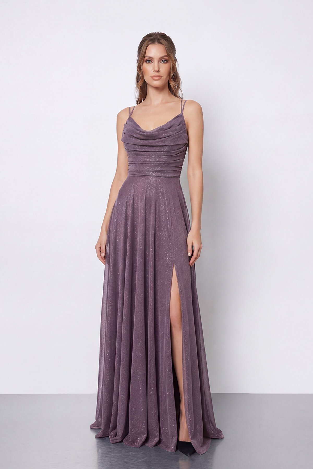 Dökümlü Yaka ve Yırtmaç Detaylı Işıltılı Uzun Abiye - 2042