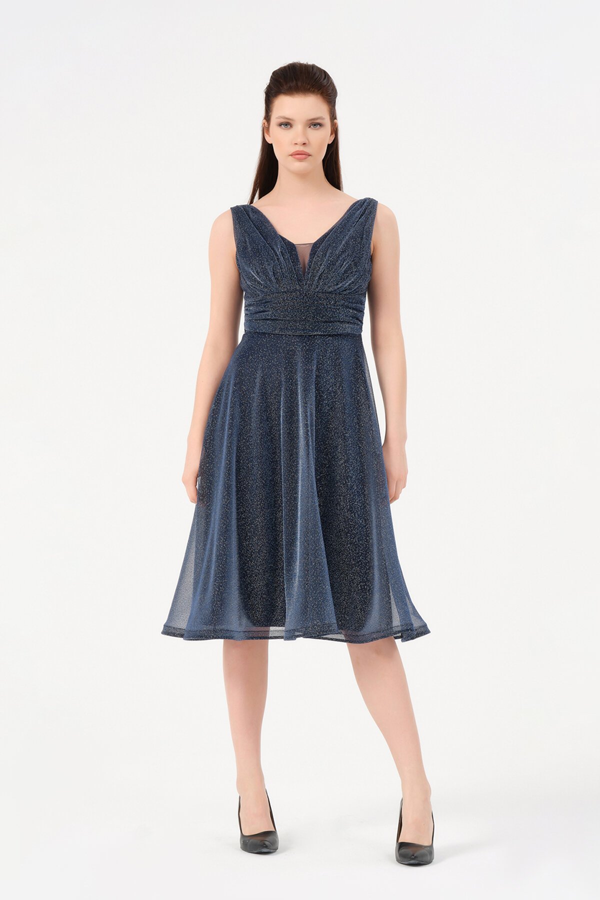 Drape Detaylı Simli Midi Elbise - 1602