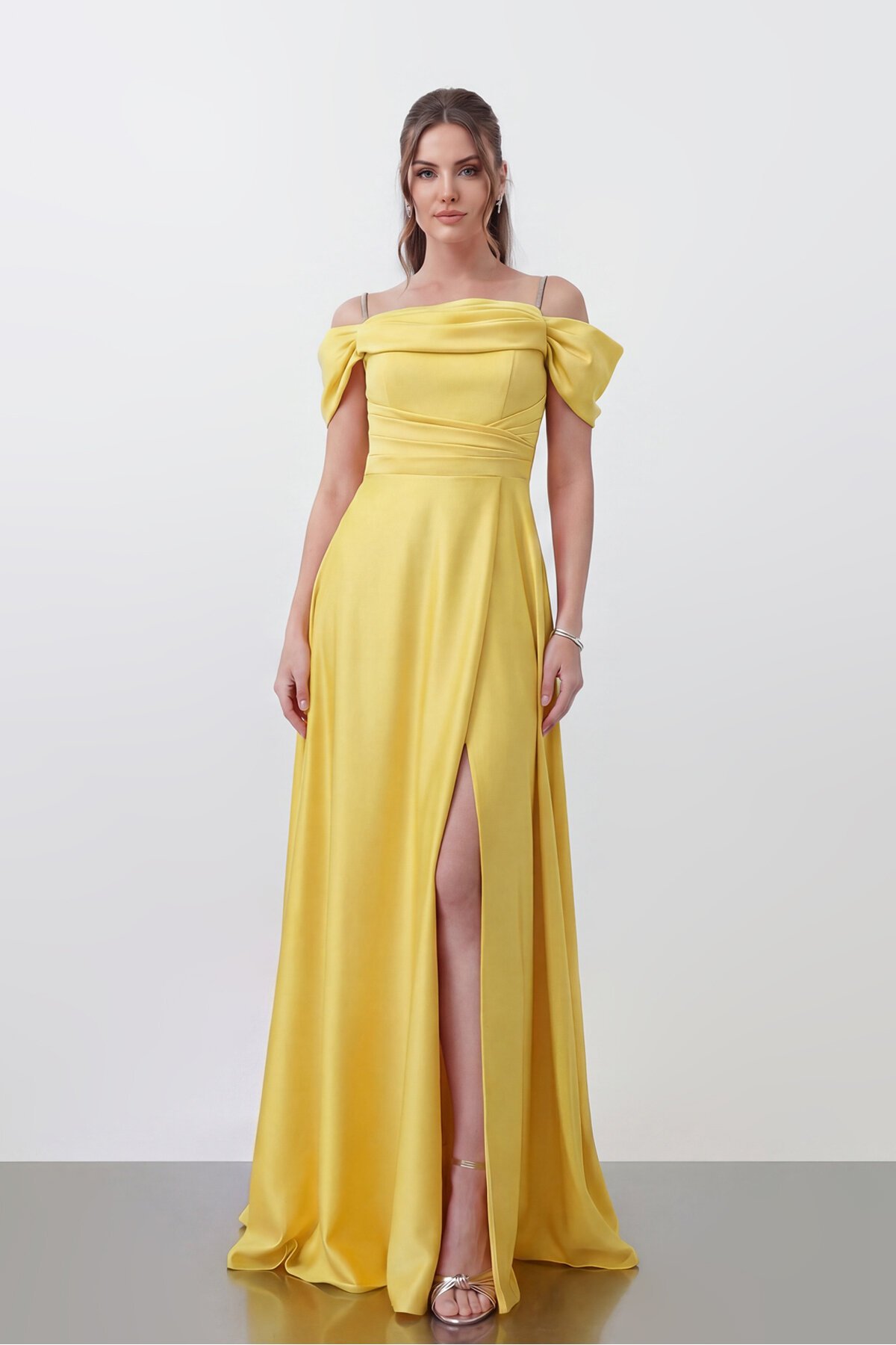 Drape Detaylı Yırtmaçlı Elbise - 1440