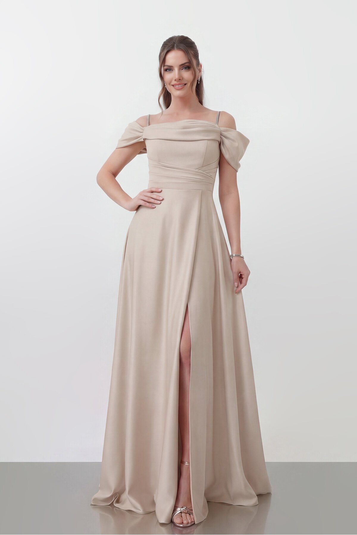 Drape Detaylı Yırtmaçlı Elbise - 1440