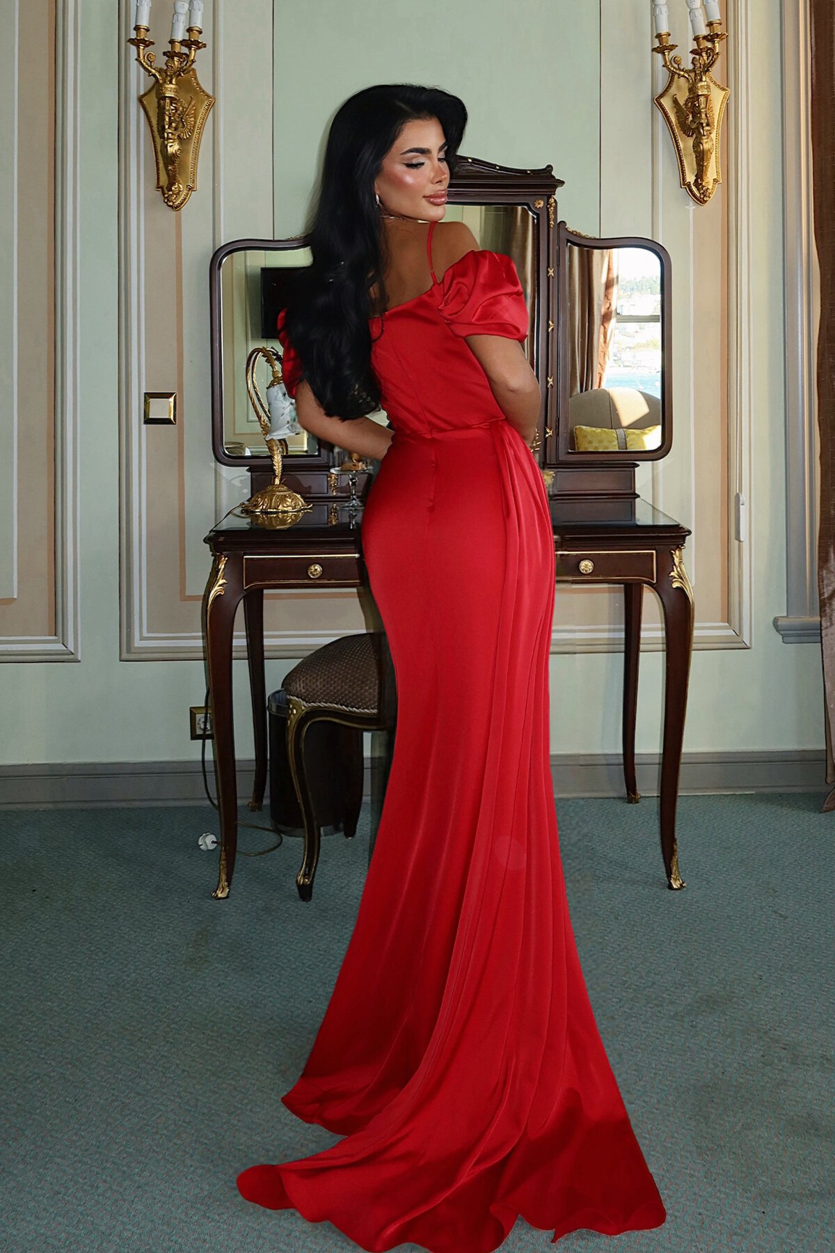 Drapeli Düşük Kollu Elbise - 1910