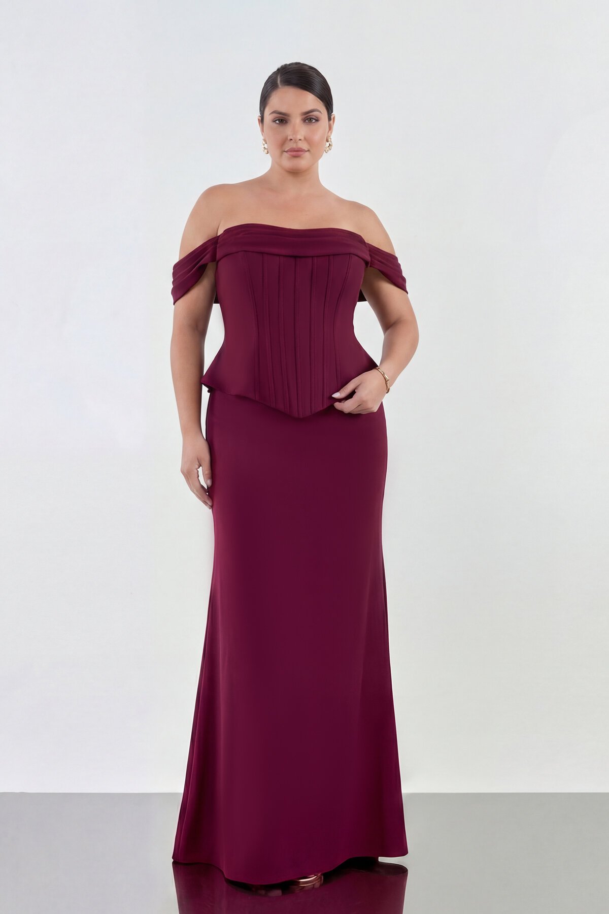 Drapeli Korsaj Formlu Omuz Açık Uzun Abiye - 2104