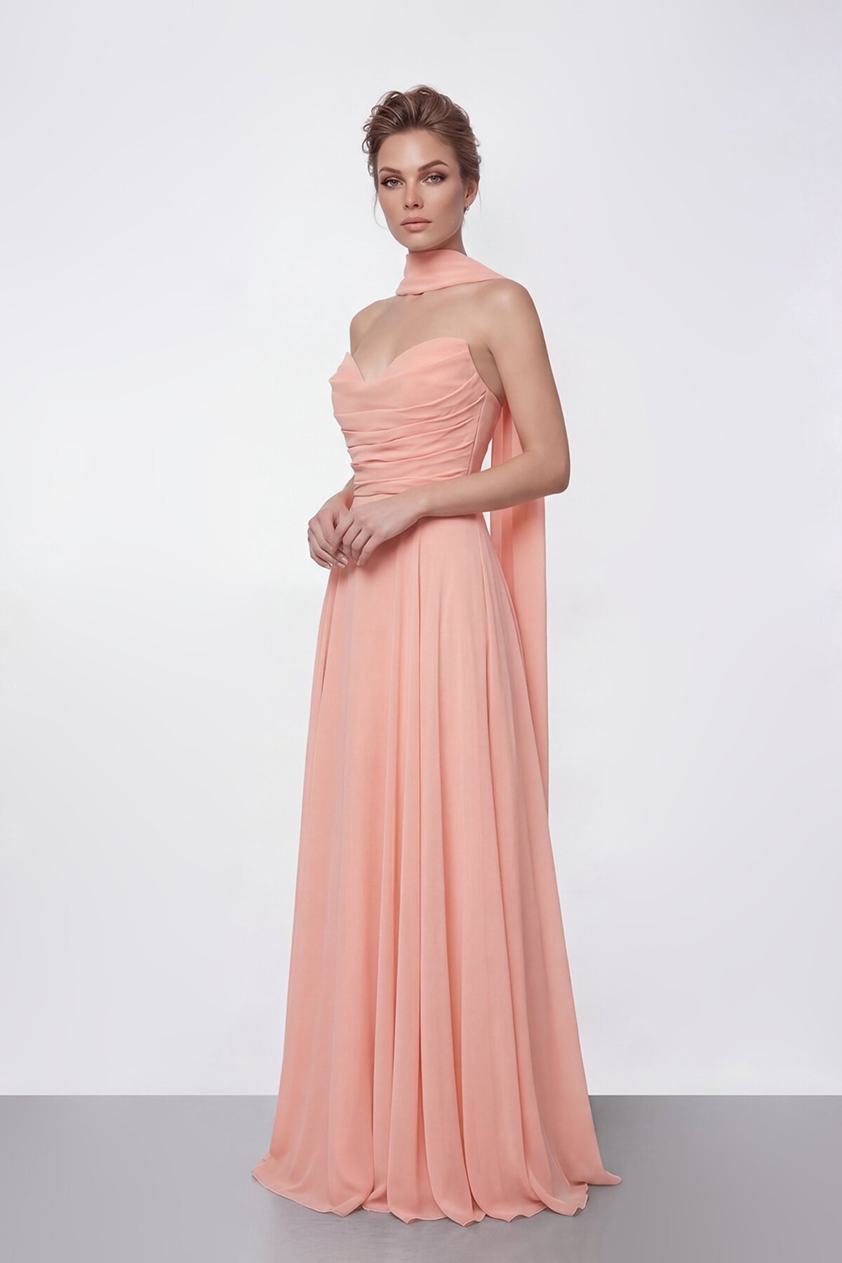 Drapeli Straplez Şifon Uzun Abiye - 2051