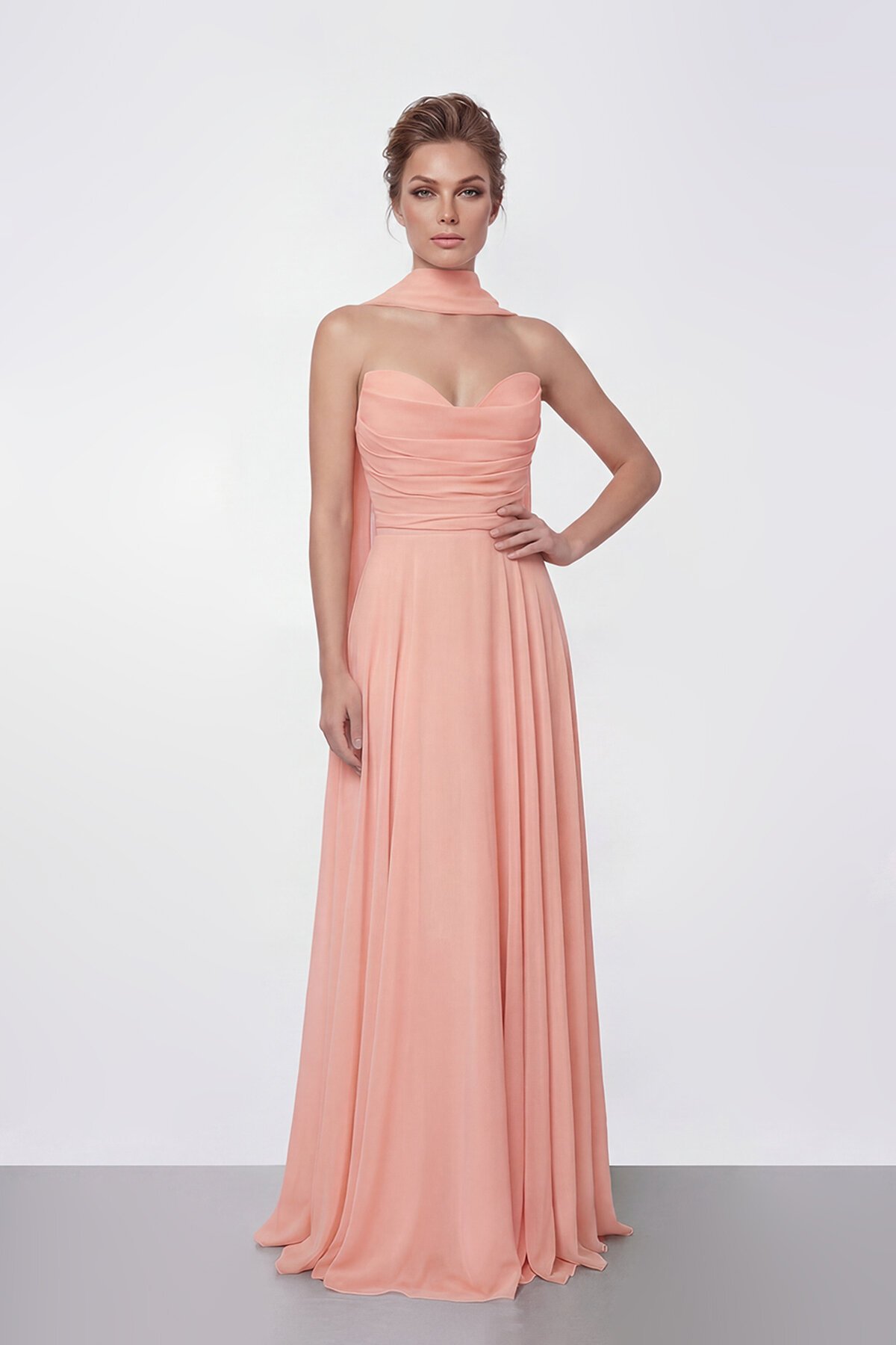 Drapeli Straplez Şifon Uzun Abiye - 2051