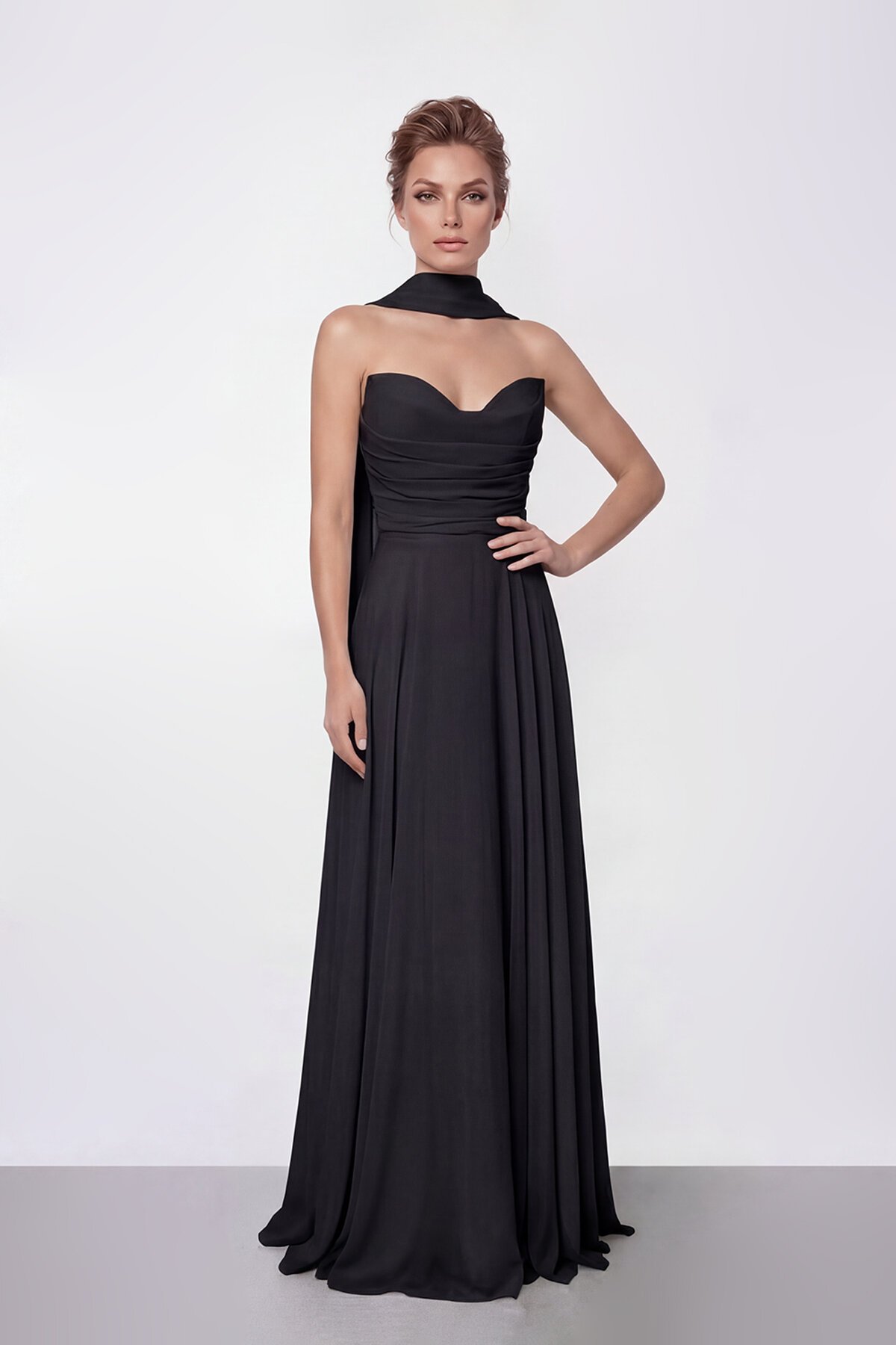 Drapeli Straplez Şifon Uzun Abiye - 2051