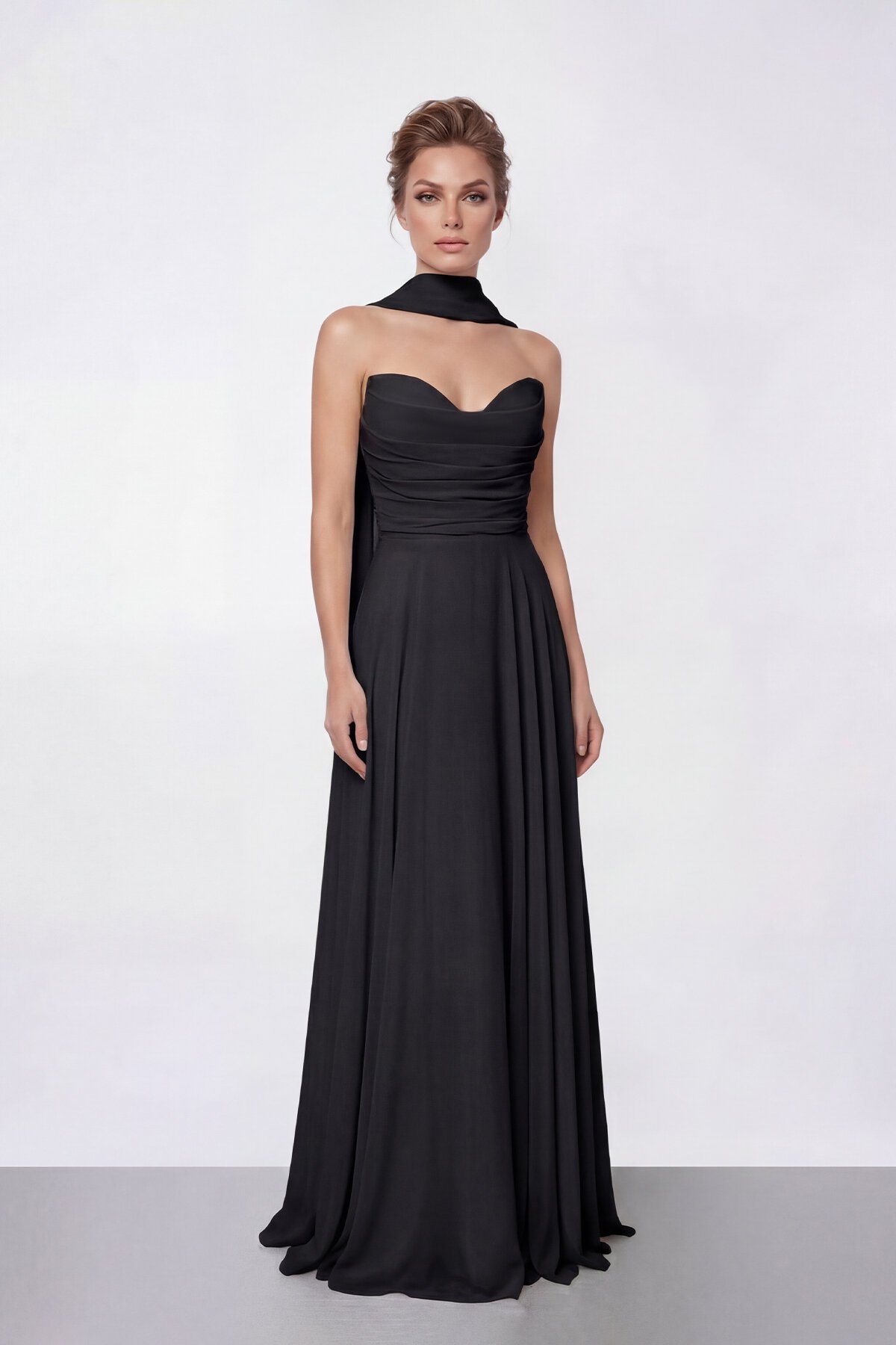 Drapeli Straplez Şifon Uzun Abiye - 2051