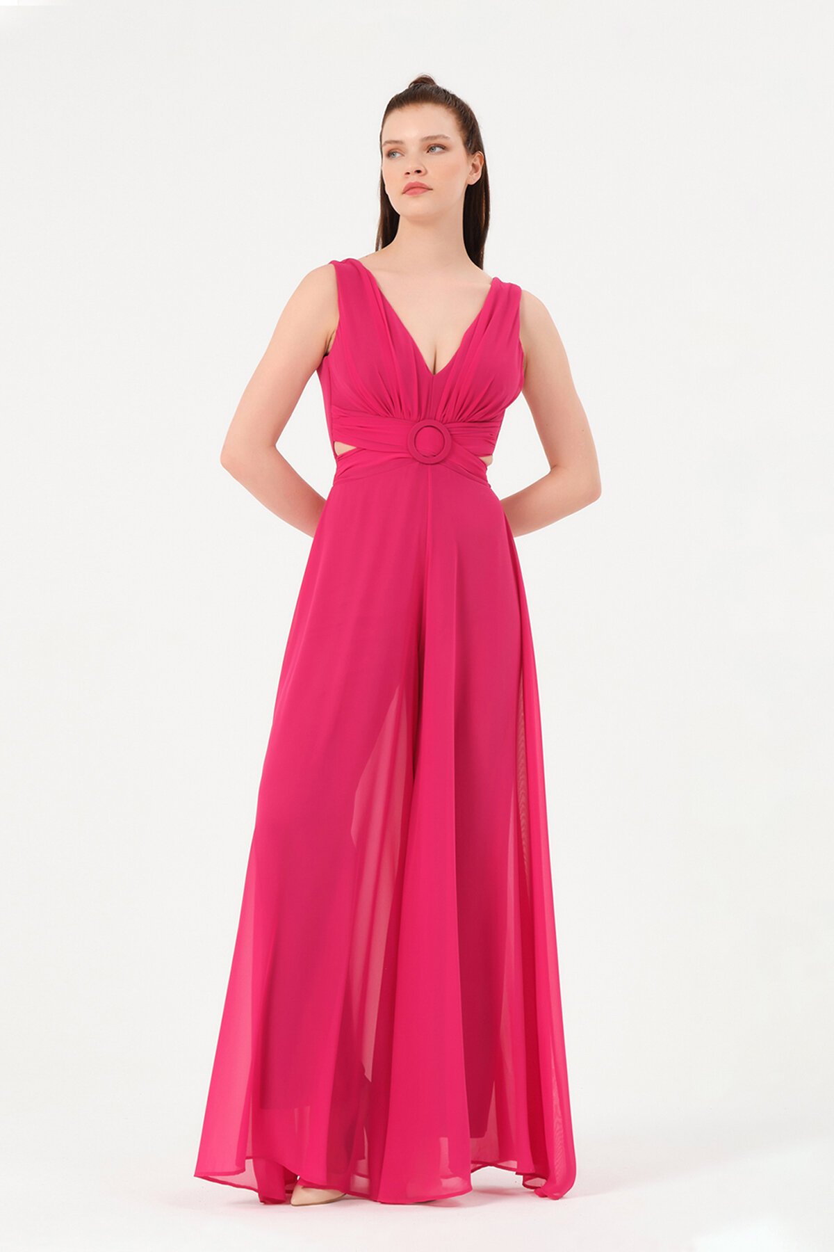 Drapeli Toka Detaylı Şifon Tulum - 1300