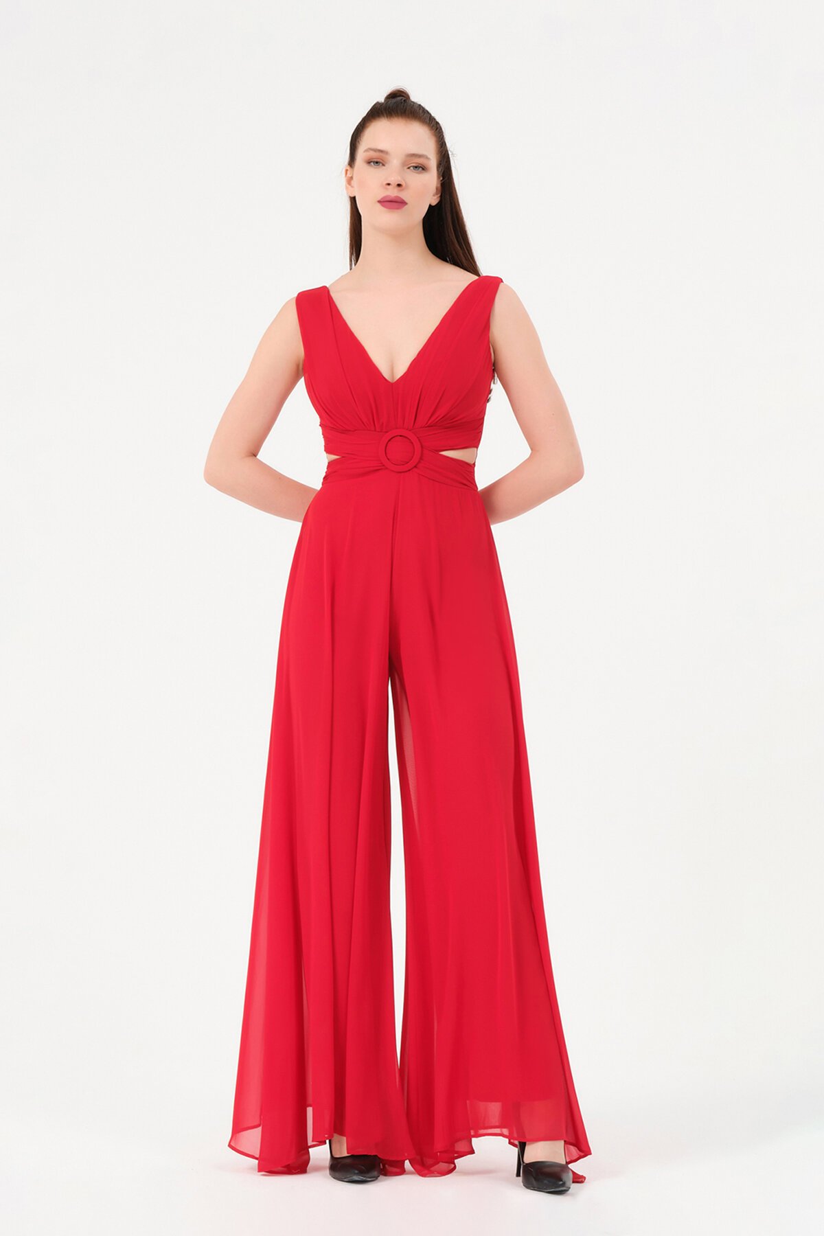 Drapeli Toka Detaylı Şifon Tulum - 1300