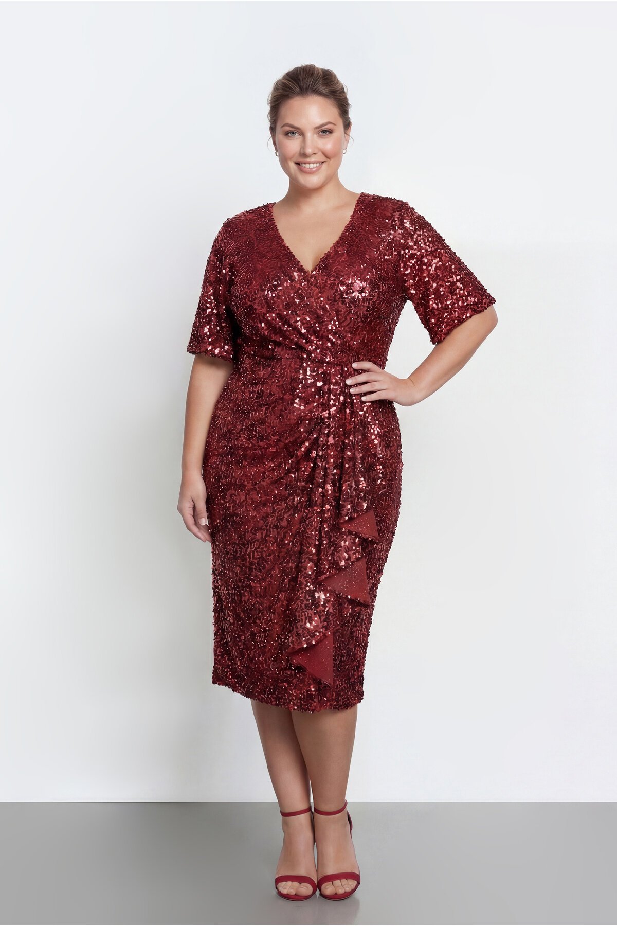 Drapeli V Yaka Büyük Beden Payetli Midi Abiye - 2131