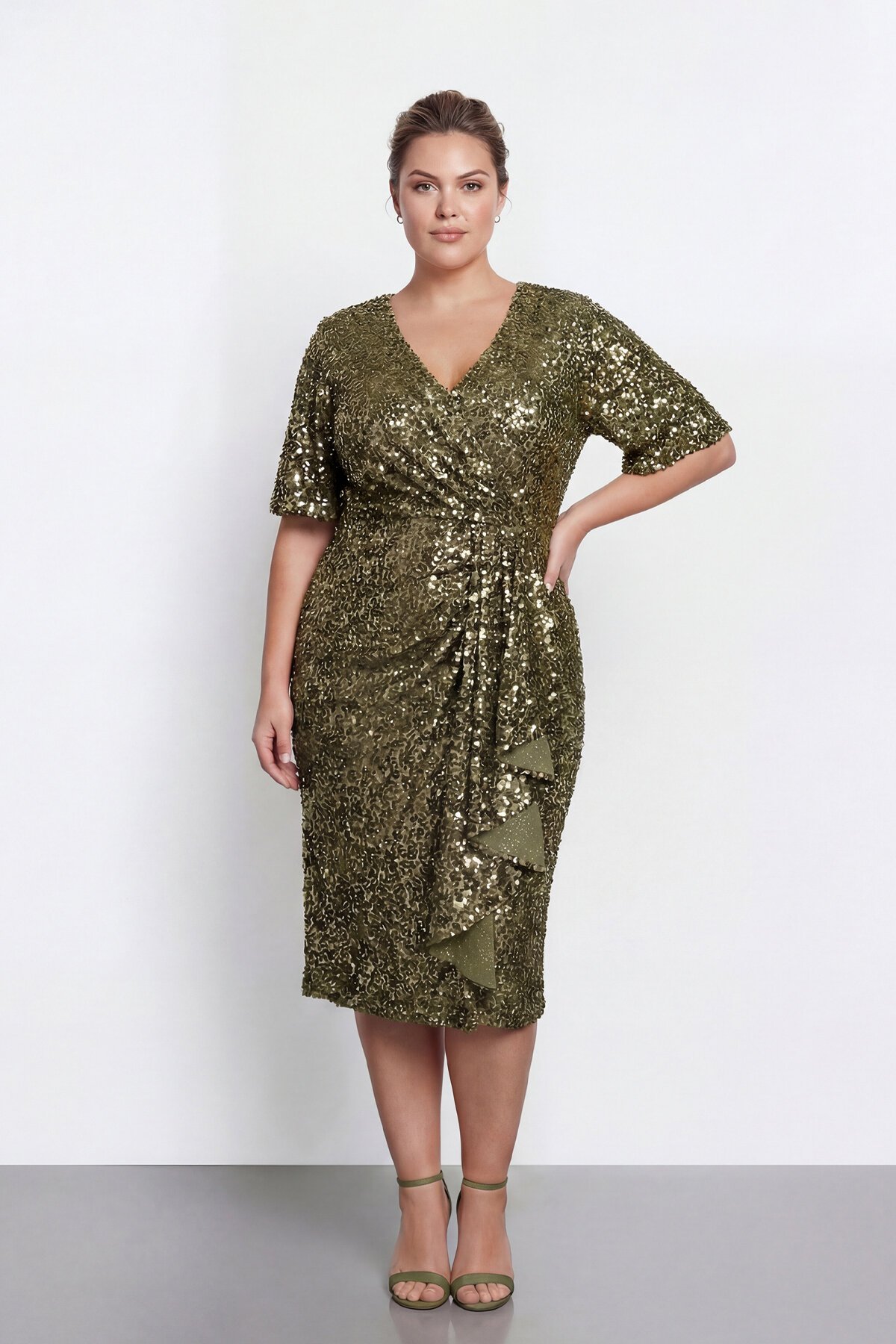 Drapeli V Yaka Büyük Beden Payetli Midi Abiye - 2131