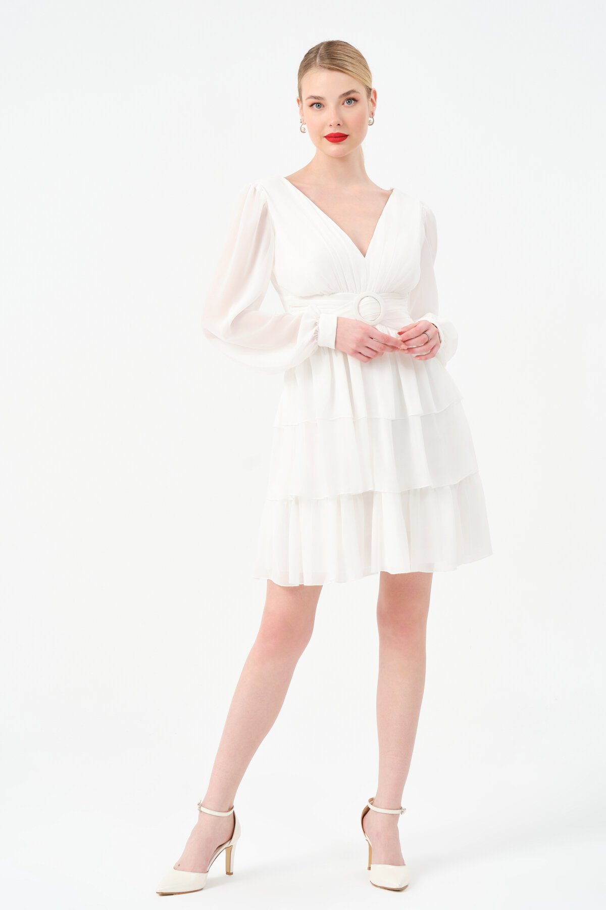 Drapeli Volanlı Mini Elbise - 1298