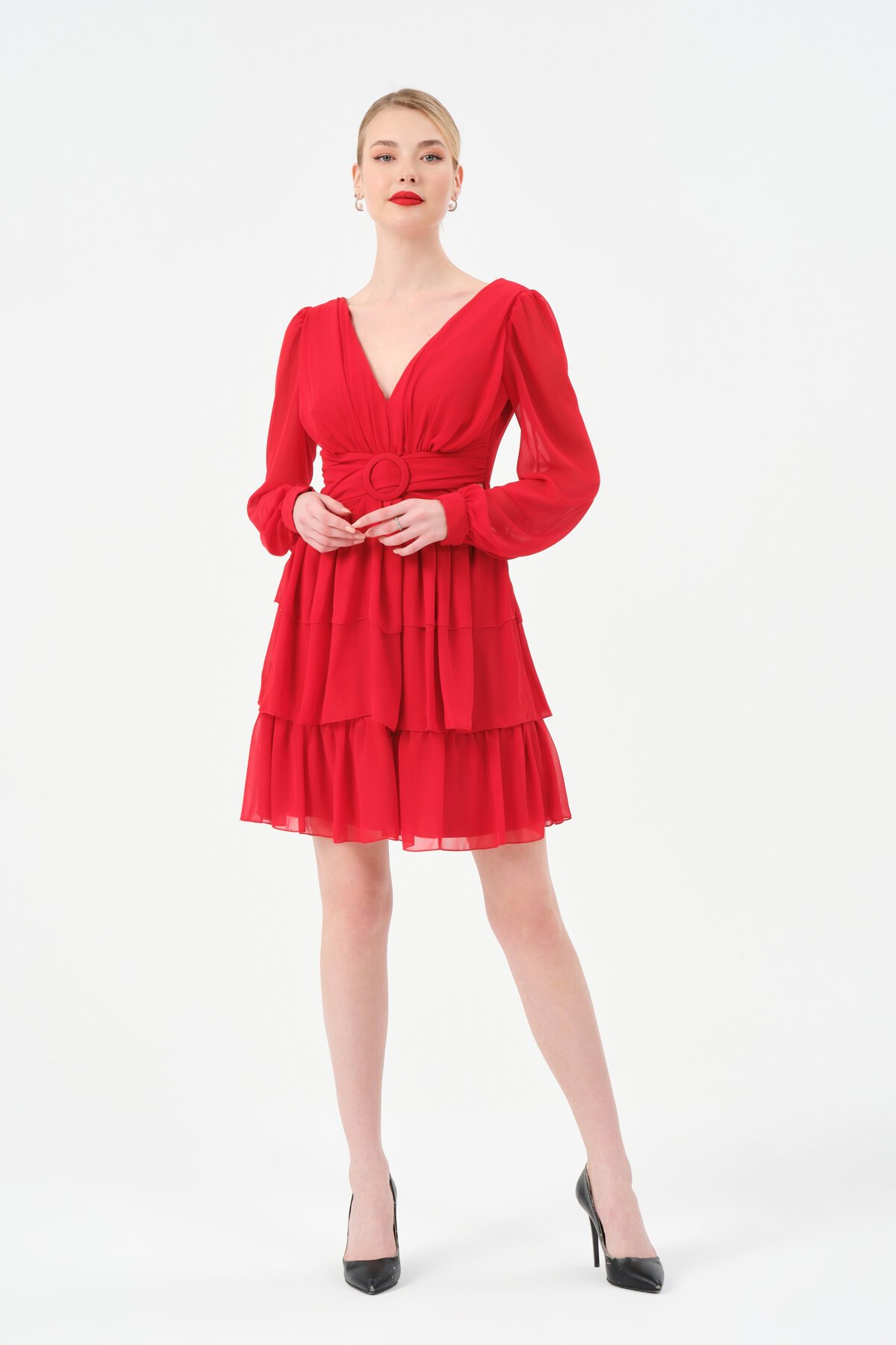 Drapeli Volanlı Mini Elbise - 1298