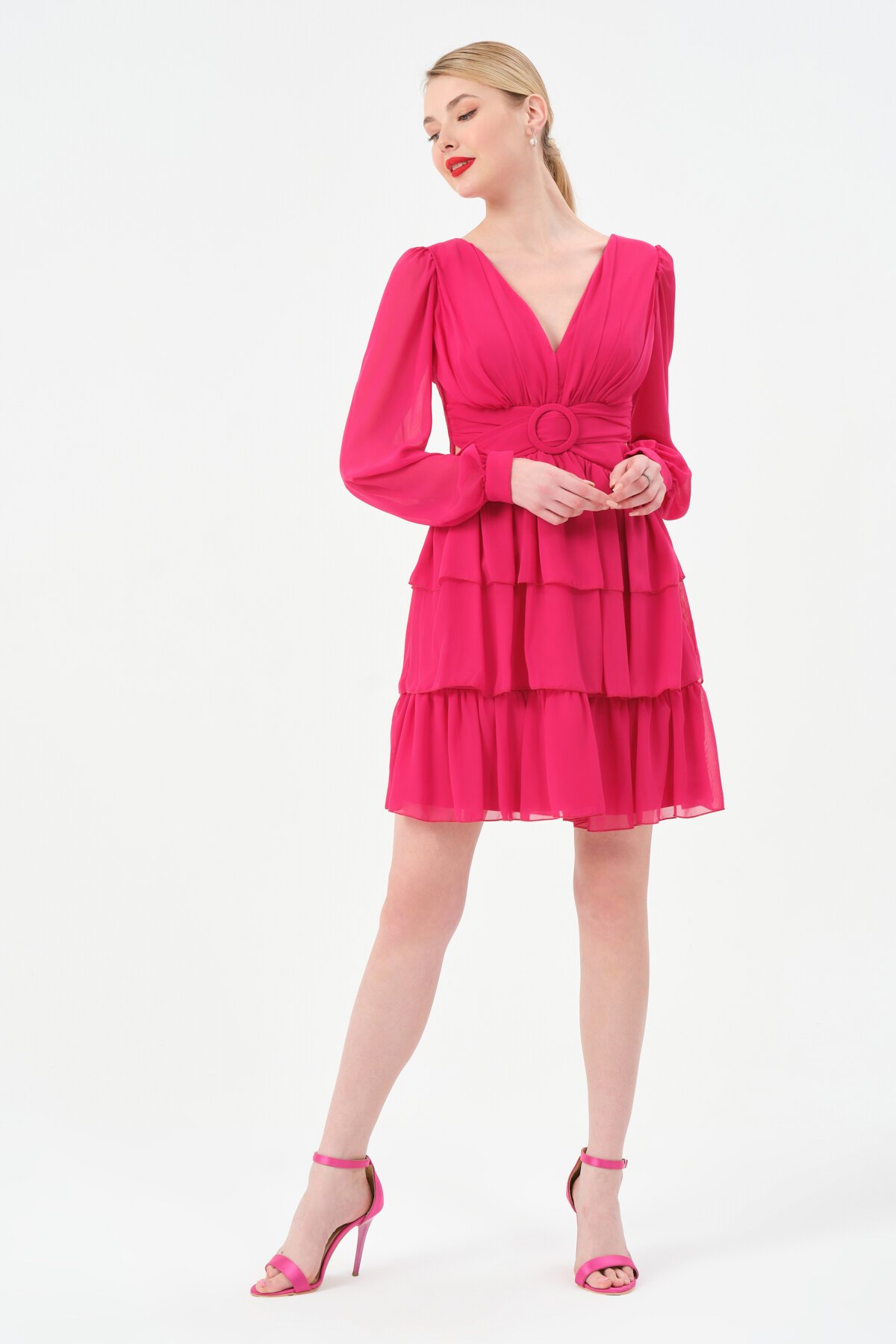 Drapeli Volanlı Mini Elbise - 1298