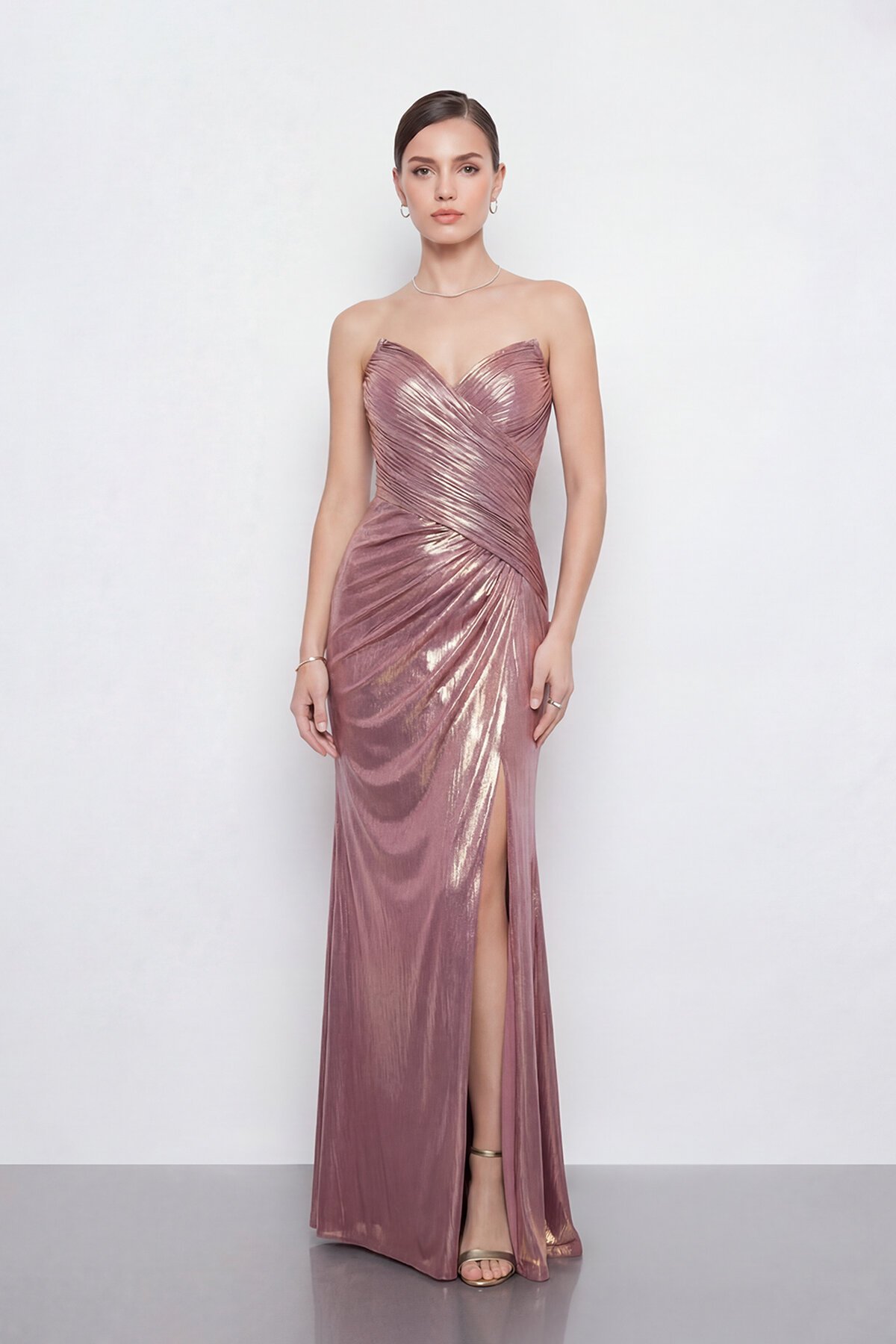 Drapeli Yırtmaçlı Straplez Abiye - 2102