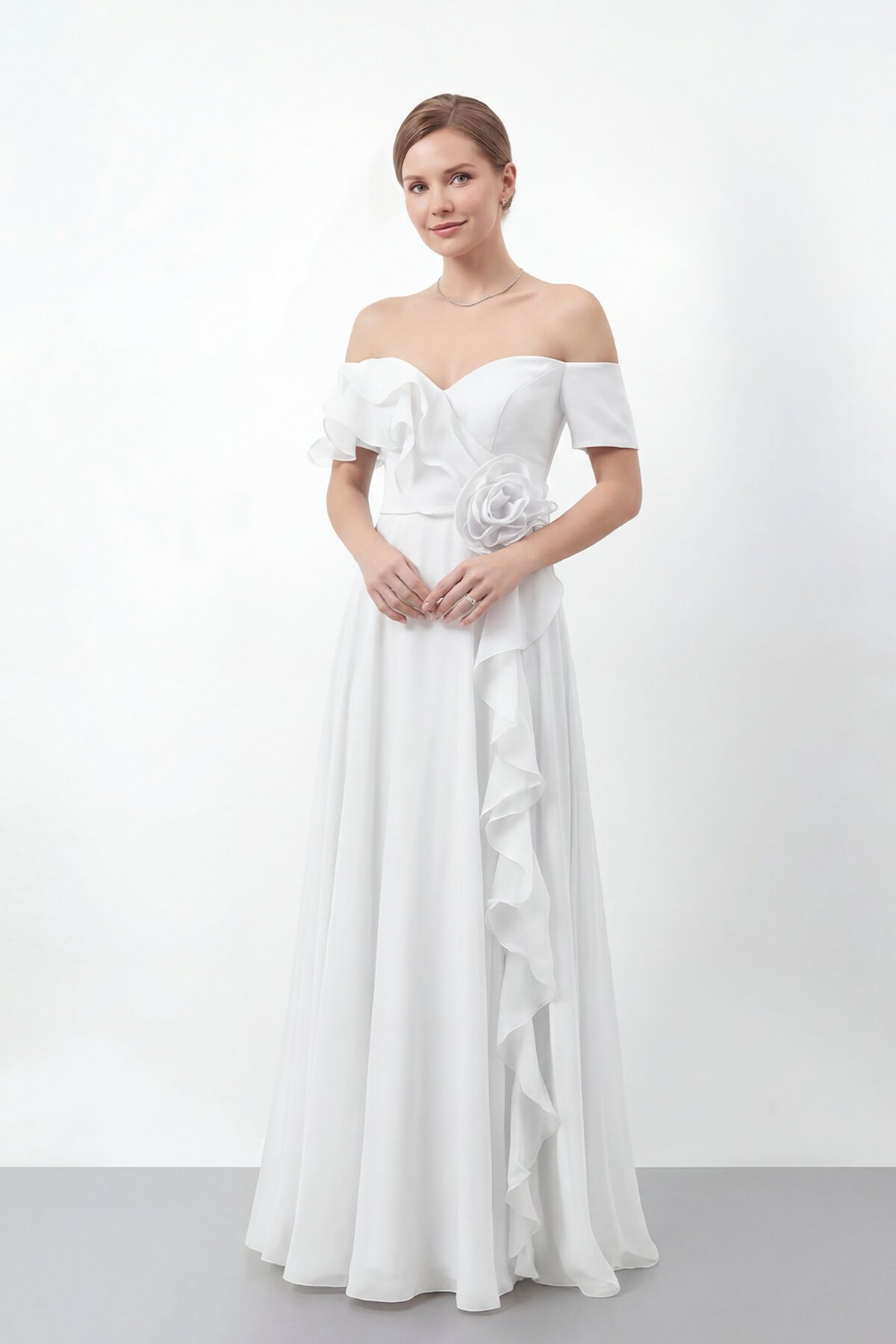 Gül Detaylı Volanlı Şifon Uzun Abiye - 1996