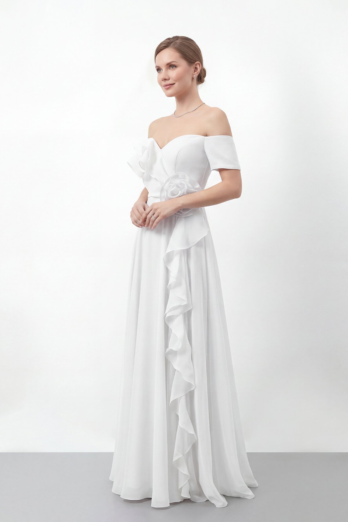 Gül Detaylı Volanlı Şifon Uzun Abiye - 1996