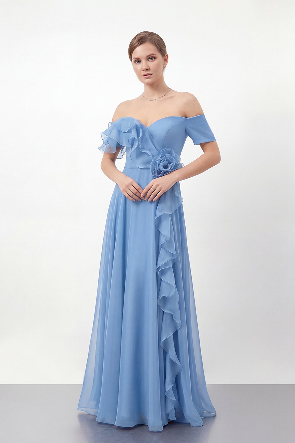 Gül Detaylı Volanlı Şifon Uzun Abiye - 1996