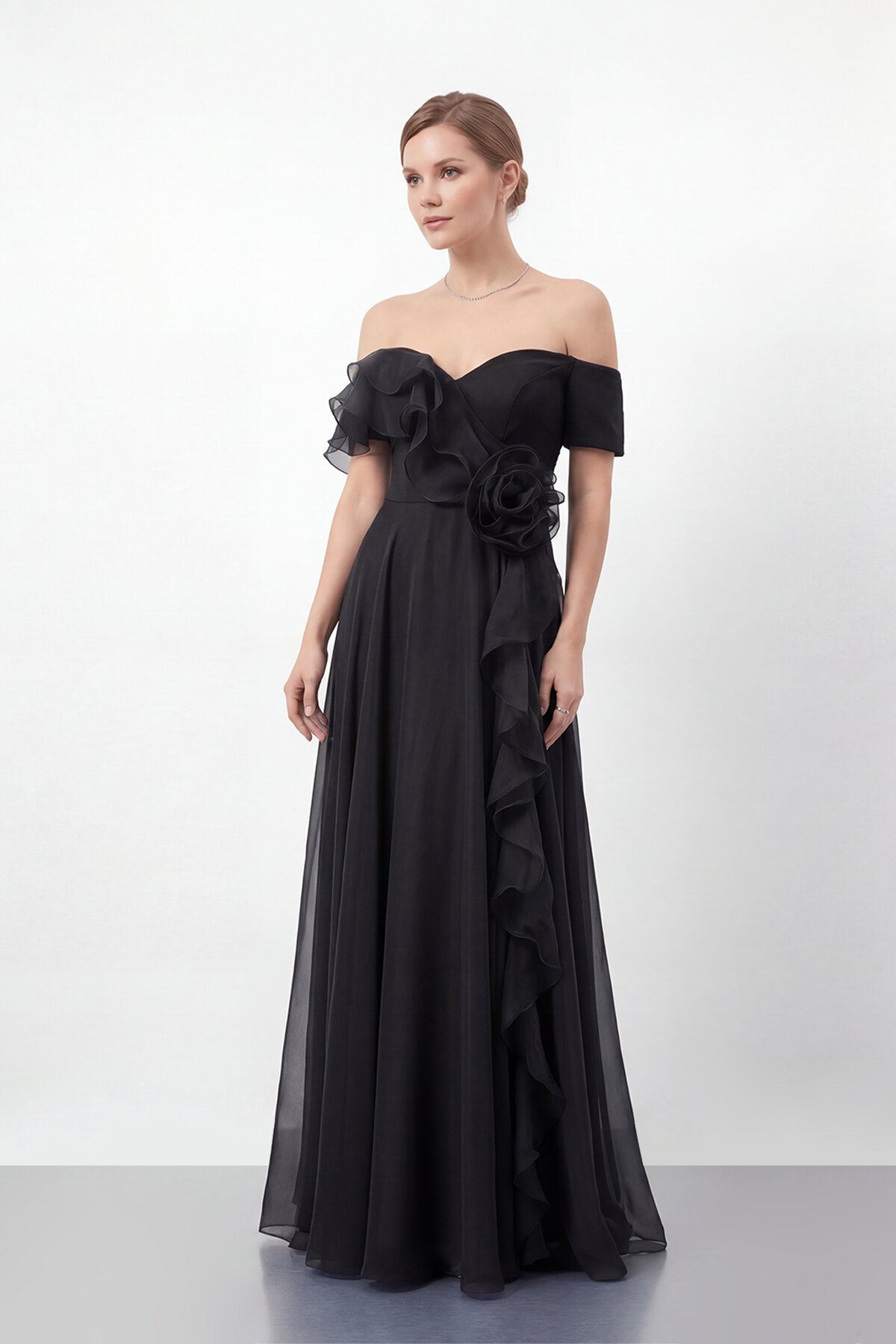 Gül Detaylı Volanlı Şifon Uzun Abiye - 1996