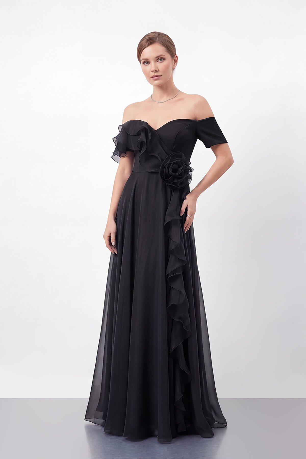 Gül Detaylı Volanlı Şifon Uzun Abiye - 1996