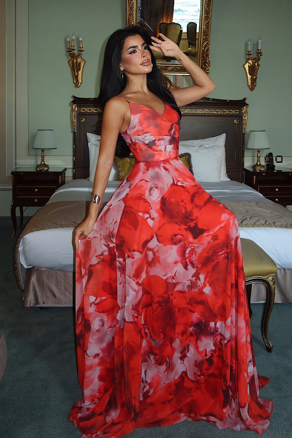 İnce Askılı Desenli Elbise - 1836