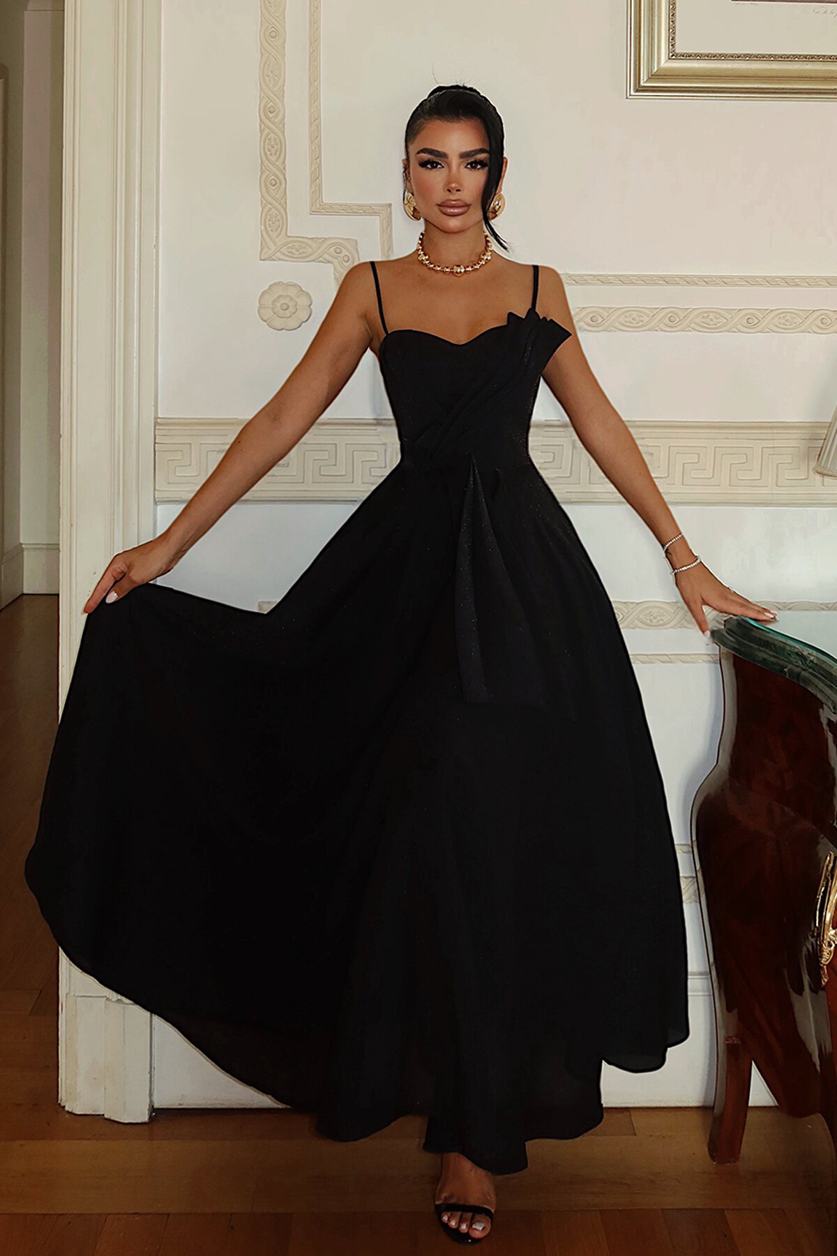 İnce Askılı Drape Detaylı Midi Elbise - 1878