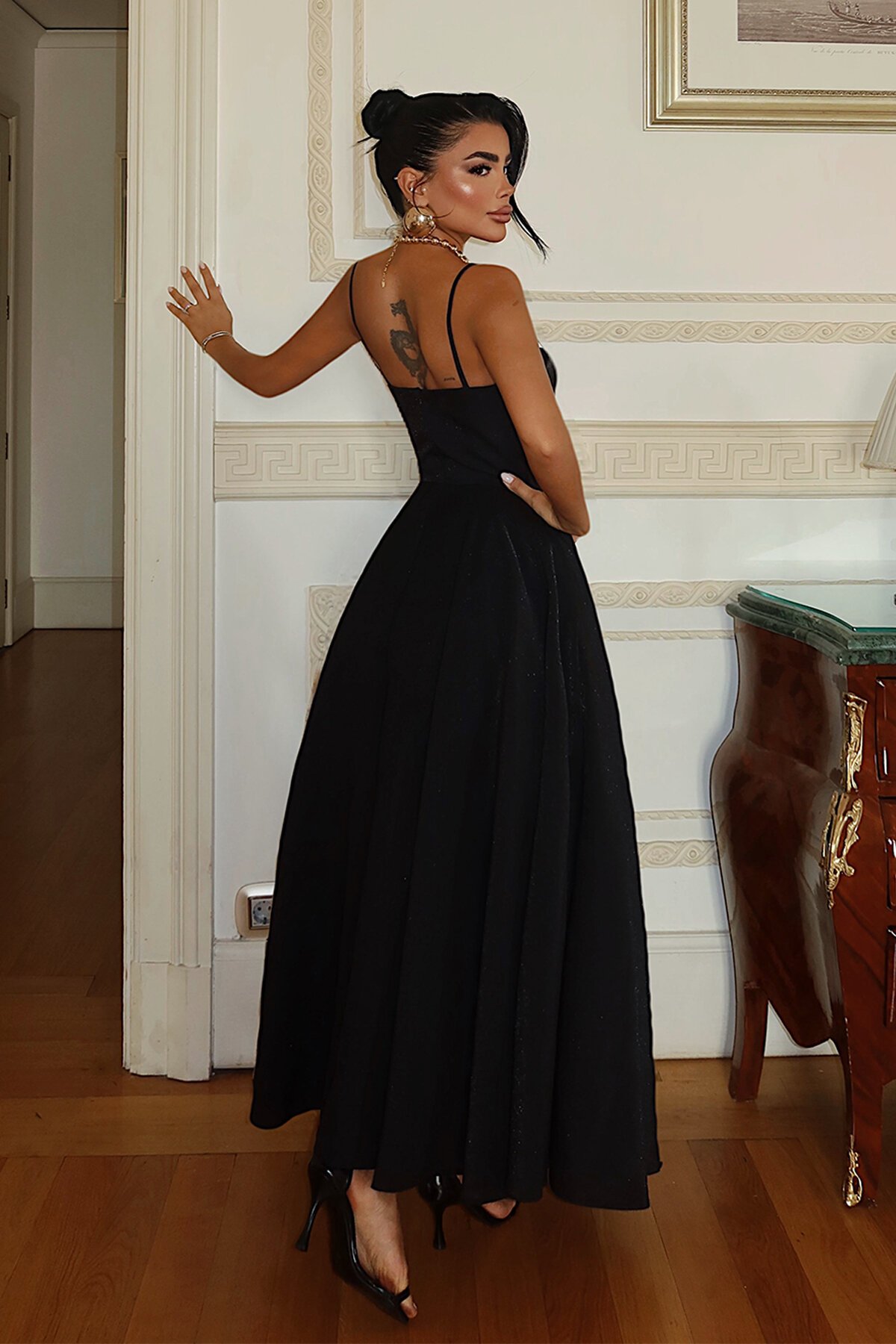 İnce Askılı Drape Detaylı Midi Elbise - 1878