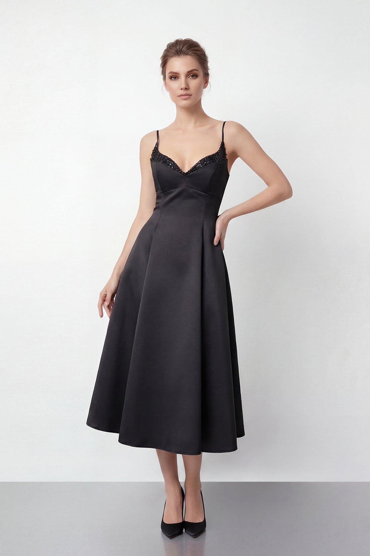 İnce Askılı Taş İşlemeli Midi Abiye  - 2048