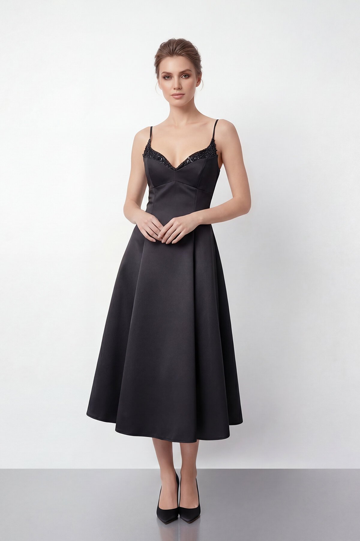 İnce Askılı Taş İşlemeli Midi Abiye  - 2048