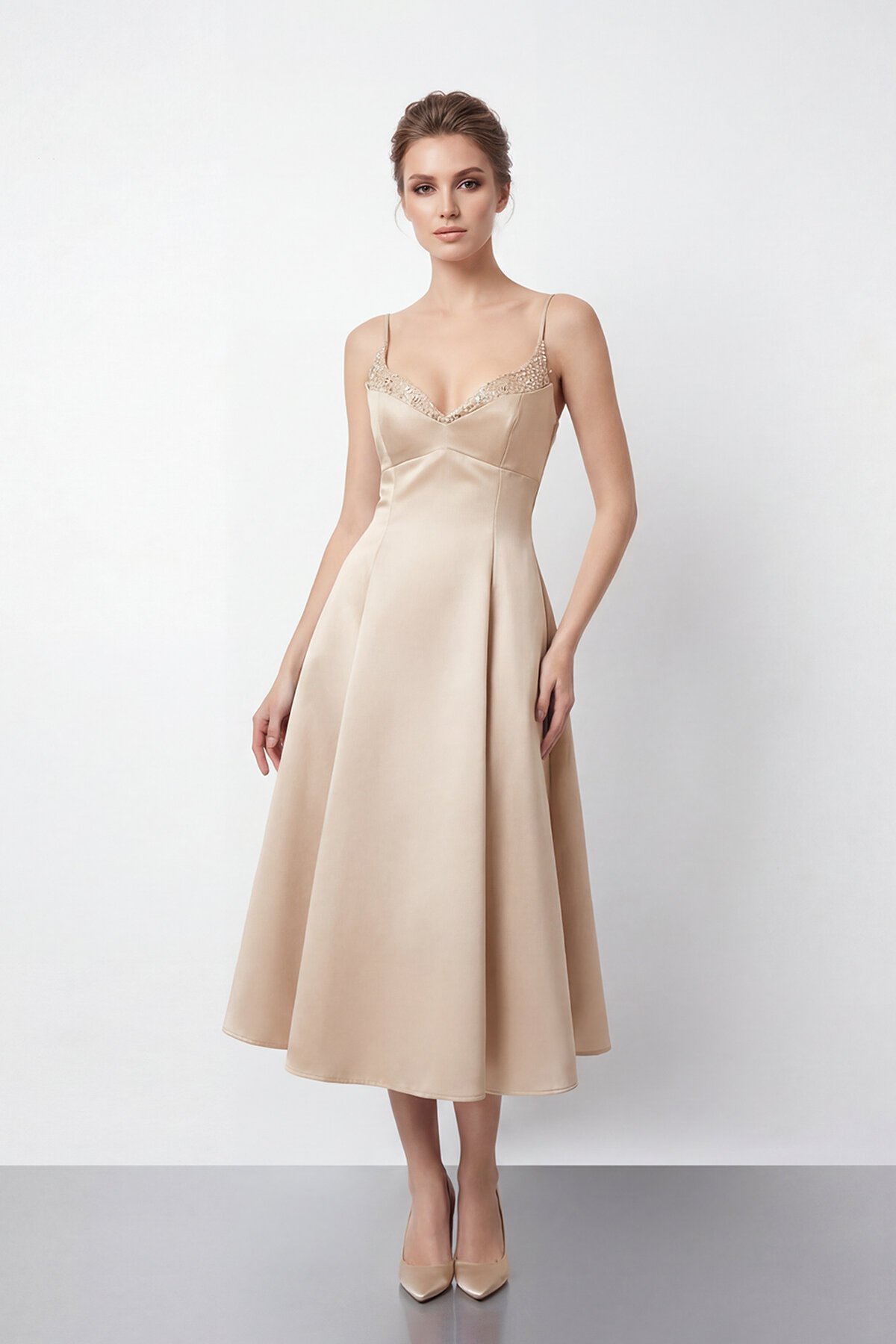 İnce Askılı Taş İşlemeli Midi Abiye  - 2048