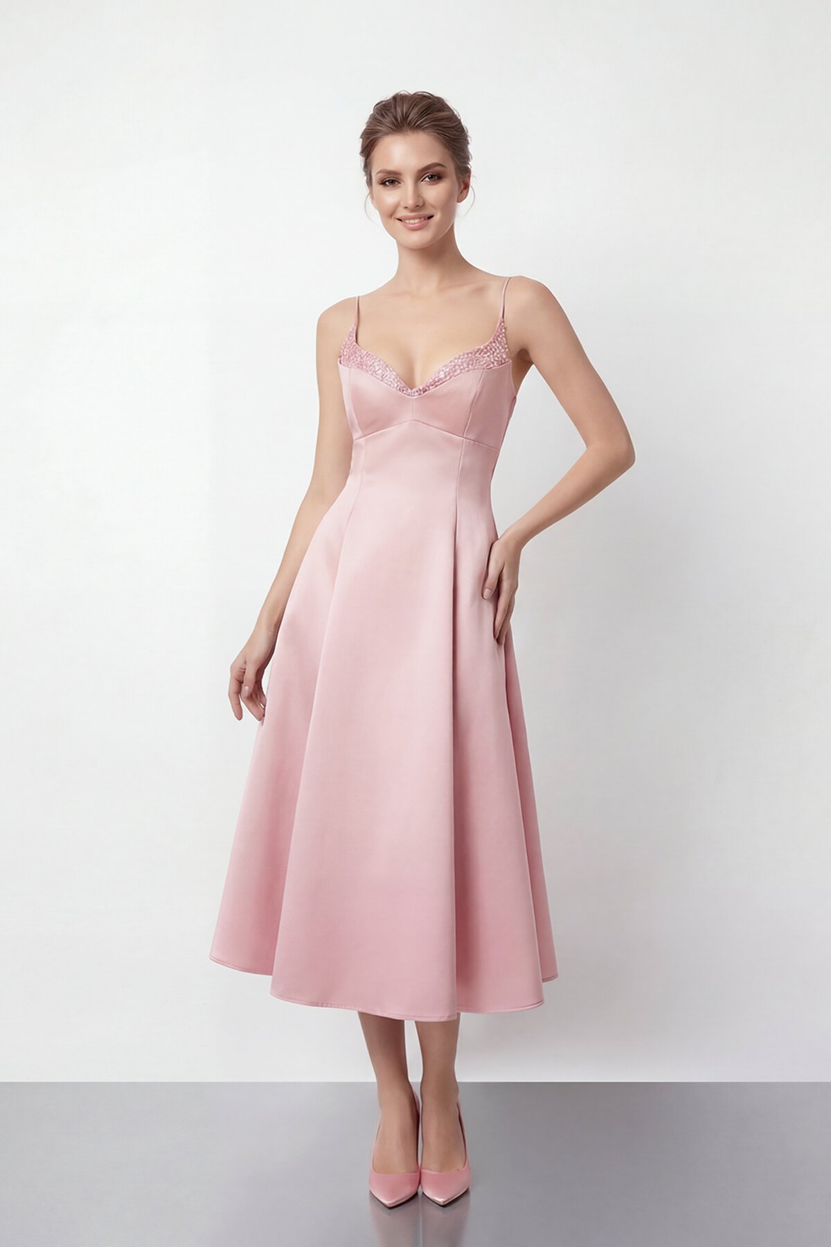 İnce Askılı Taş İşlemeli Midi Abiye  - 2048