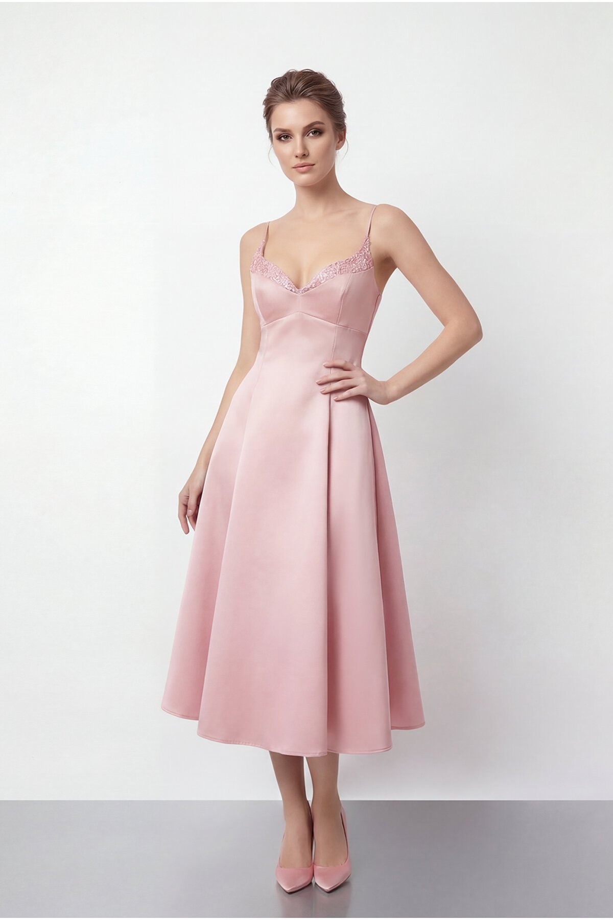 İnce Askılı Taş İşlemeli Midi Abiye  - 2048