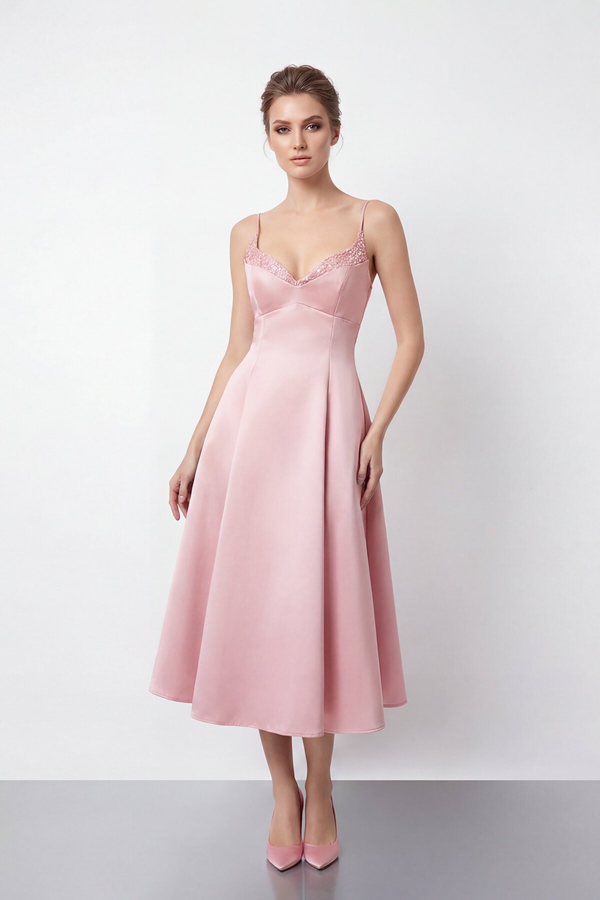 İnce Askılı Taş İşlemeli Midi Abiye  - 2048