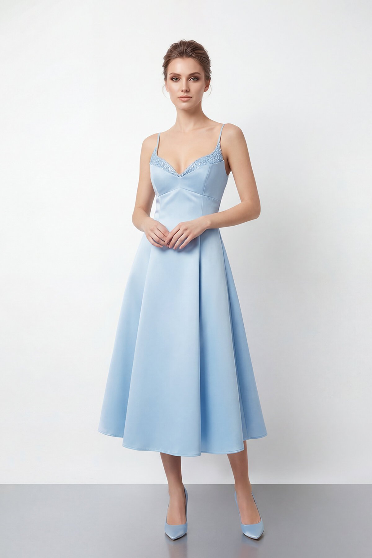 İnce Askılı Taş İşlemeli Midi Abiye  - 2048