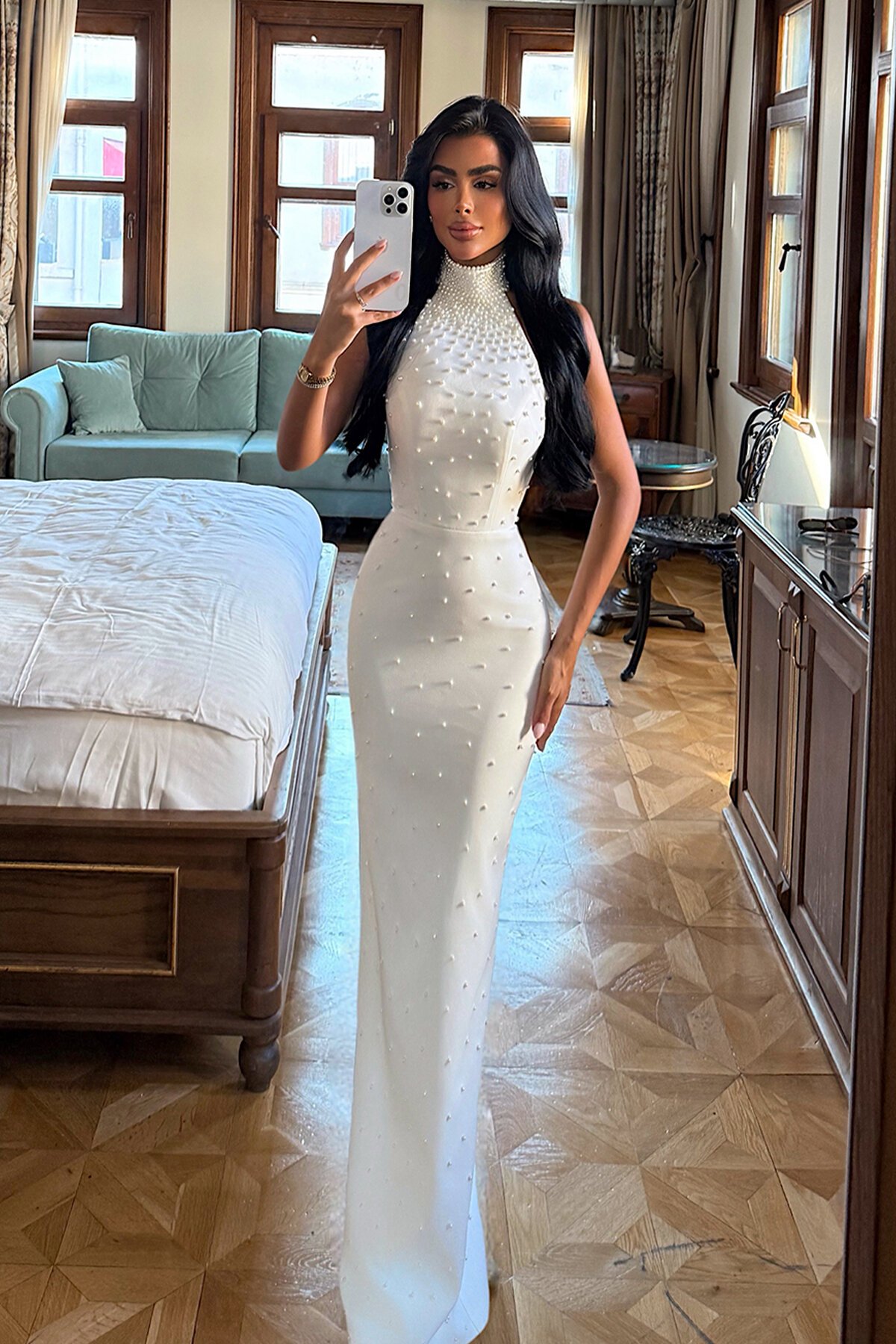 İnci Detaylı Halter Yaka Elbise - 1875