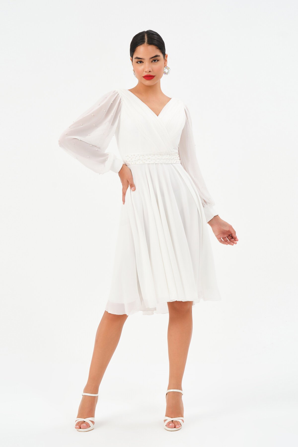 İnci İşlemeli Drapeli Midi Elbise - 1512