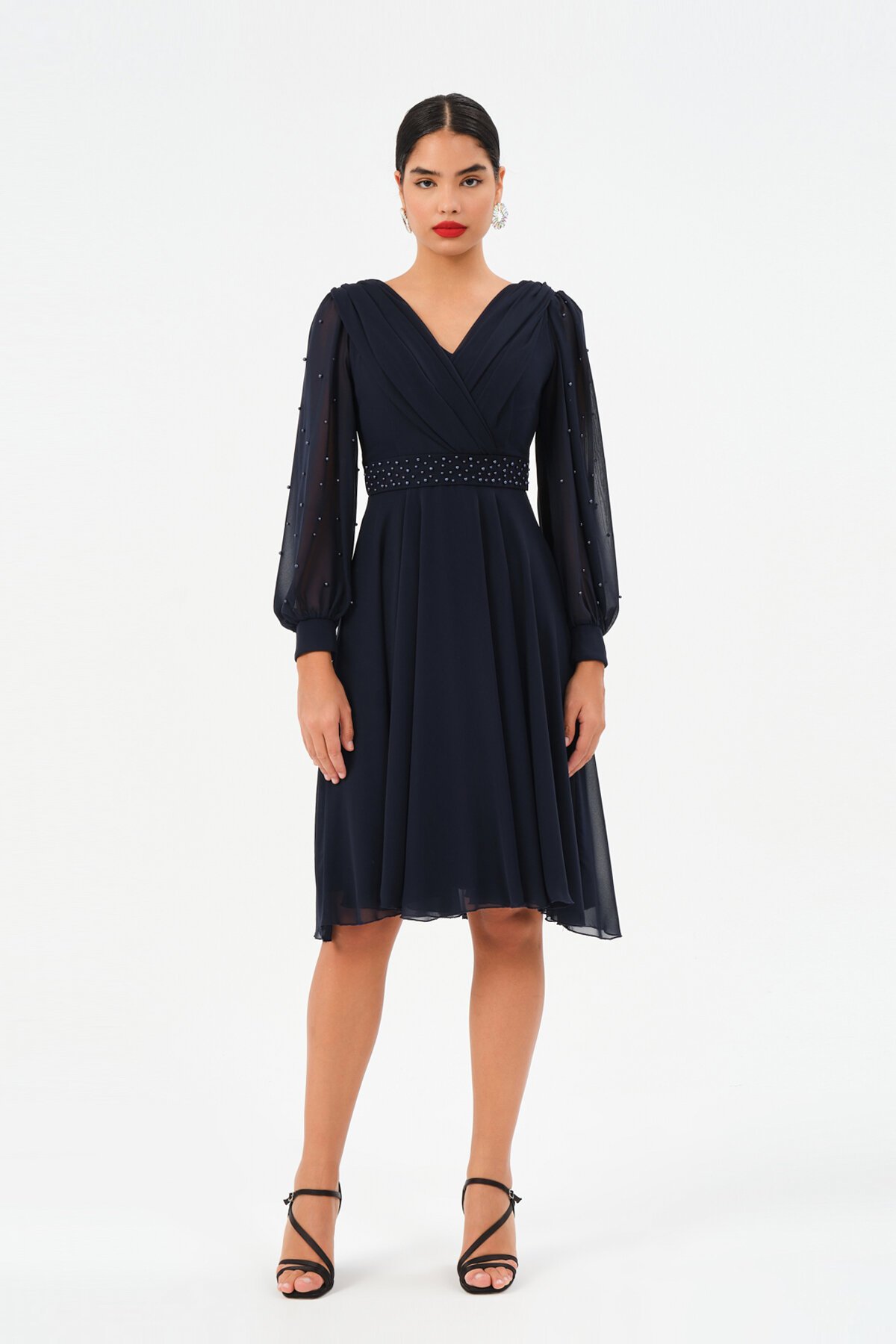 İnci İşlemeli Drapeli Midi Elbise - 1512