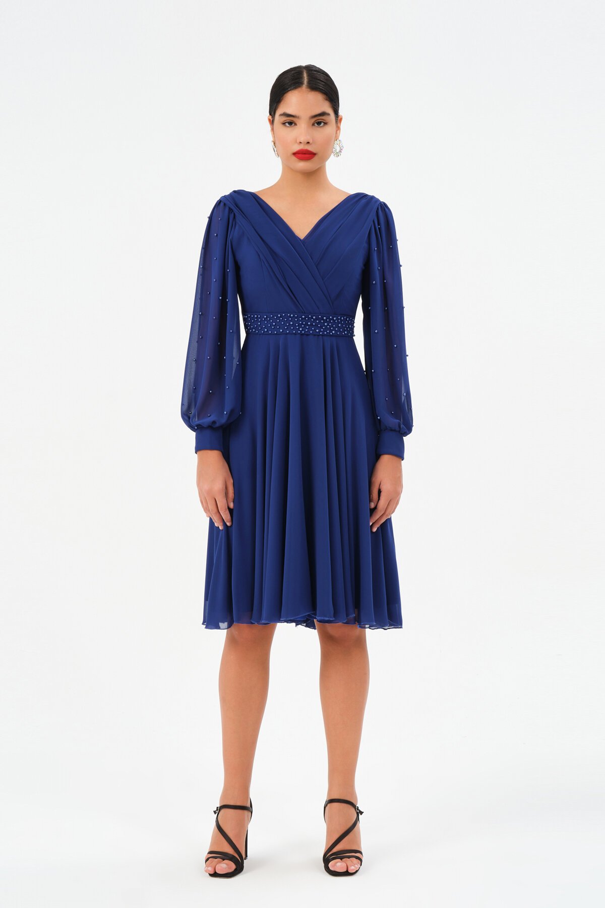 İnci İşlemeli Drapeli Midi Elbise - 1512