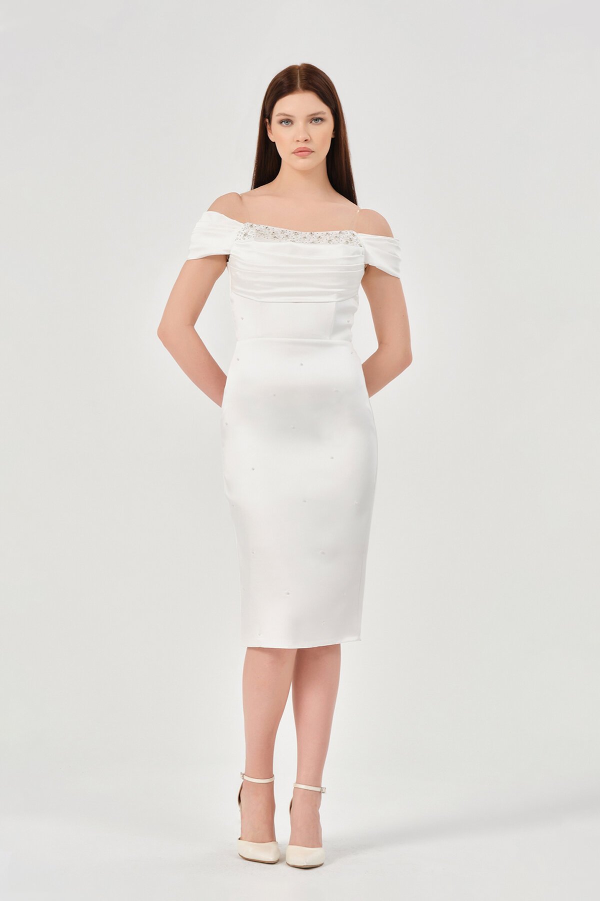 İncili Kayık Yaka Midi Elbise - 1574