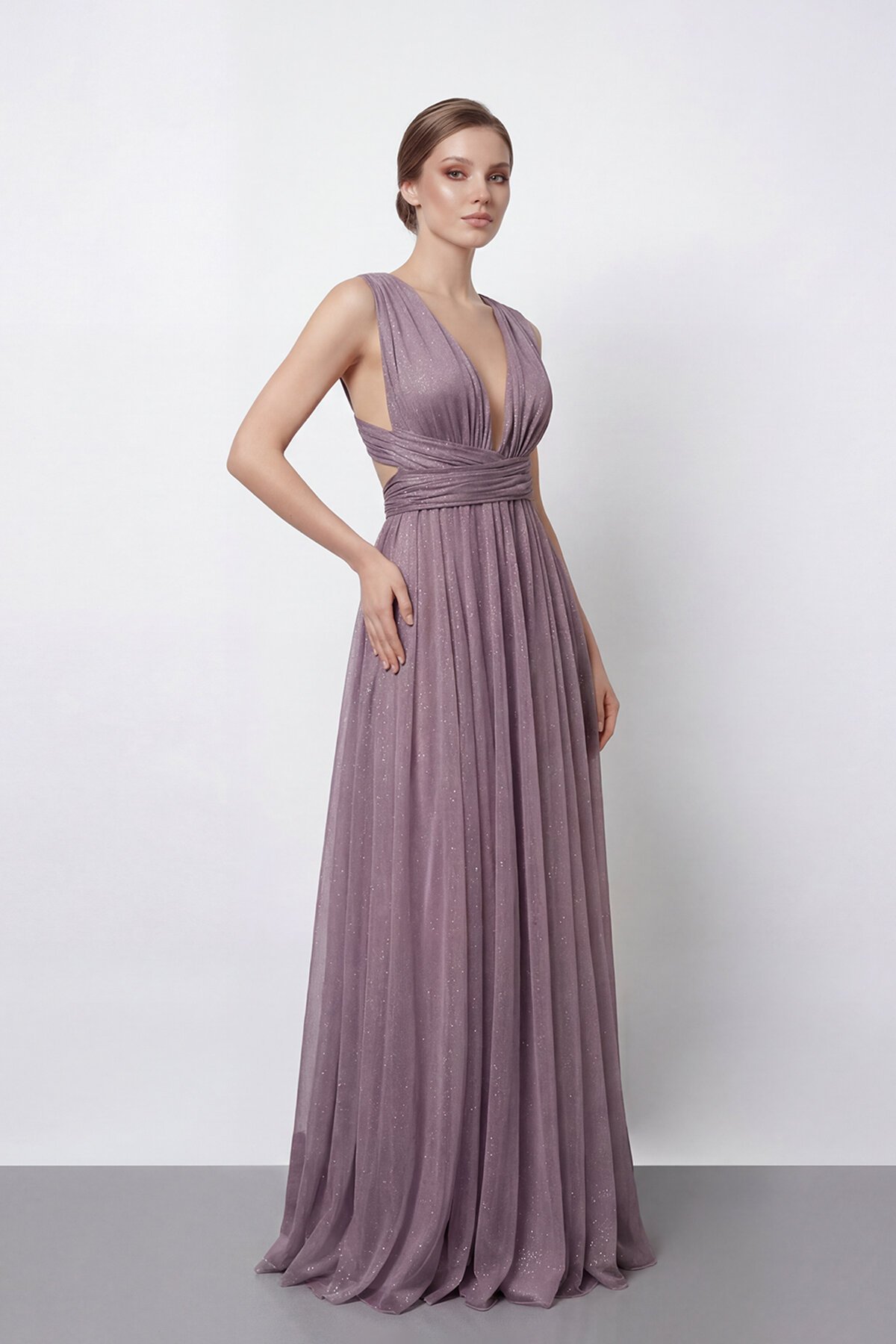 Işıltılı Derin V Yaka Pileli Abiye - 2043