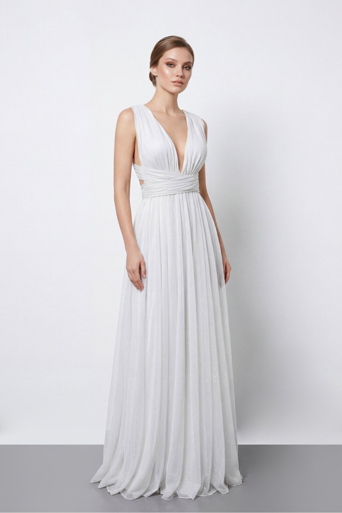 Işıltılı Derin V Yaka Pileli Abiye - 2043