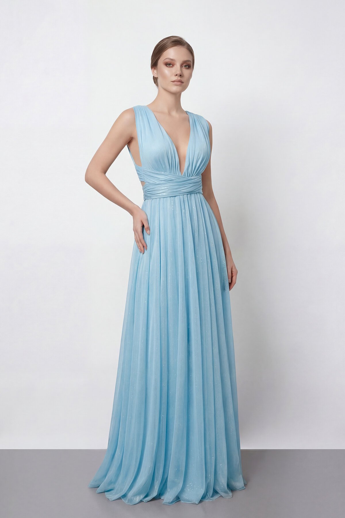 Işıltılı Derin V Yaka Pileli Abiye - 2043