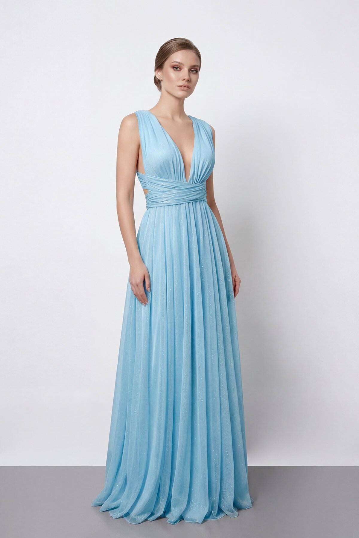 Işıltılı Derin V Yaka Pileli Abiye - 2043