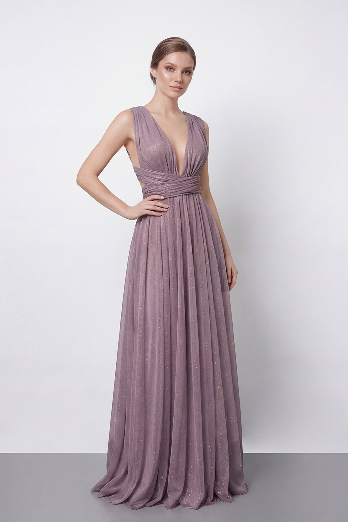 Işıltılı Derin V Yaka Pileli Abiye - 2043