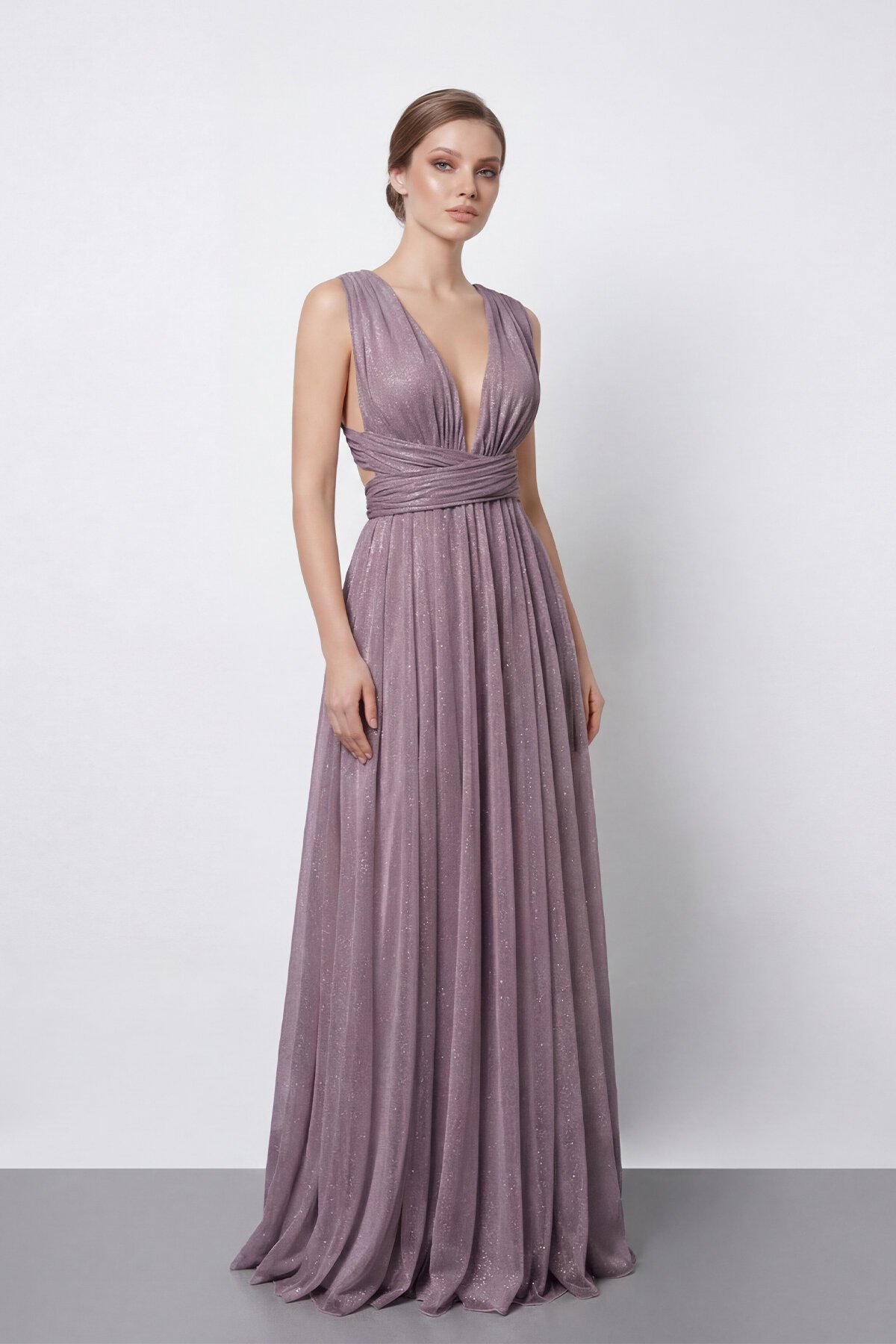 Işıltılı Derin V Yaka Pileli Abiye - 2043