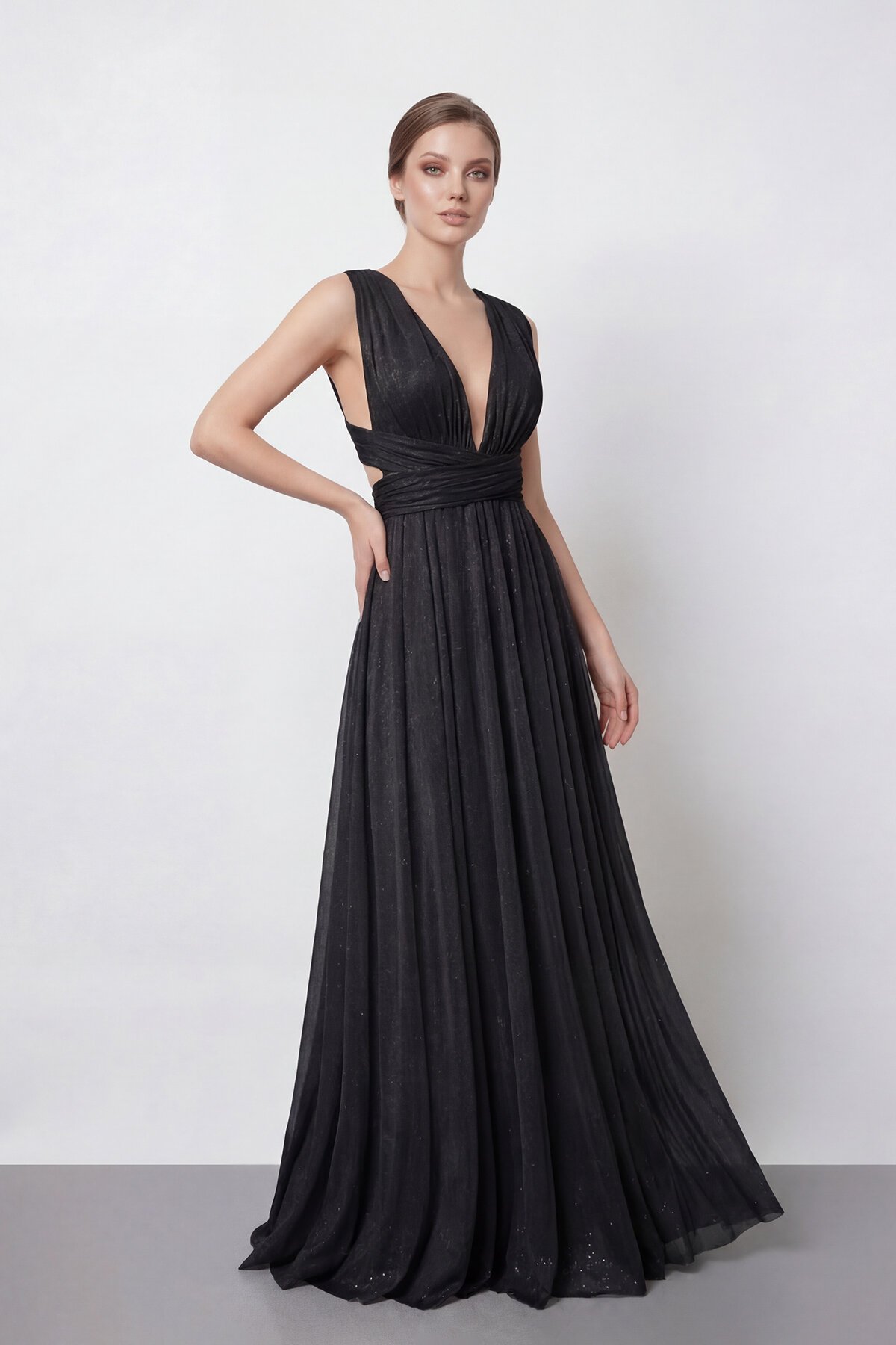 Işıltılı Derin V Yaka Pileli Abiye - 2043