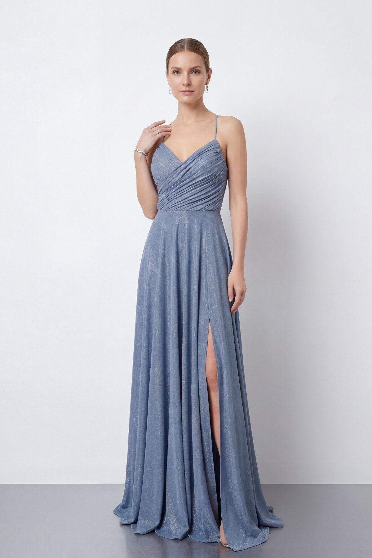 Işıltılı İp Askılı Drapeli Elbise - 2052