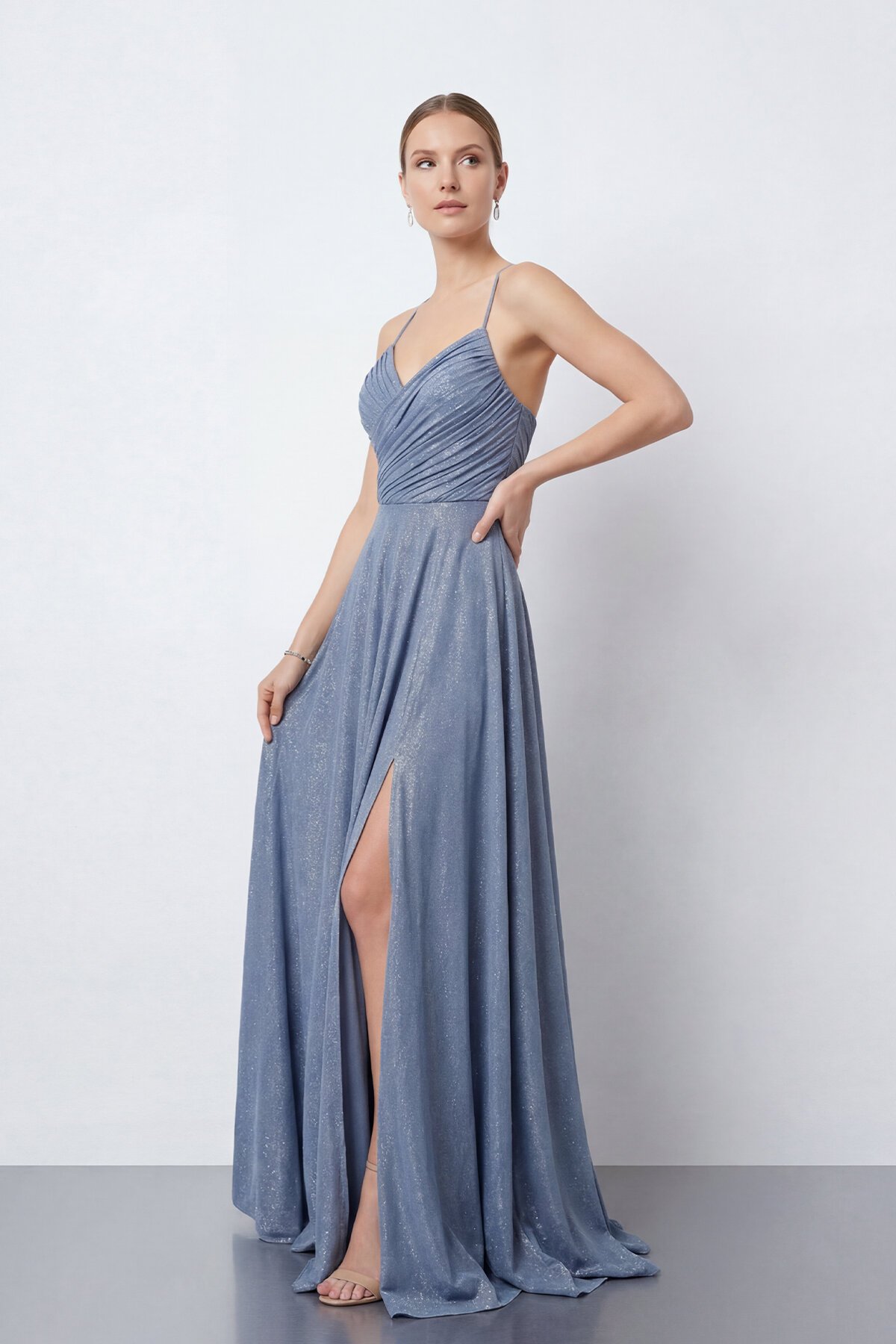 Işıltılı İp Askılı Drapeli Elbise - 2052