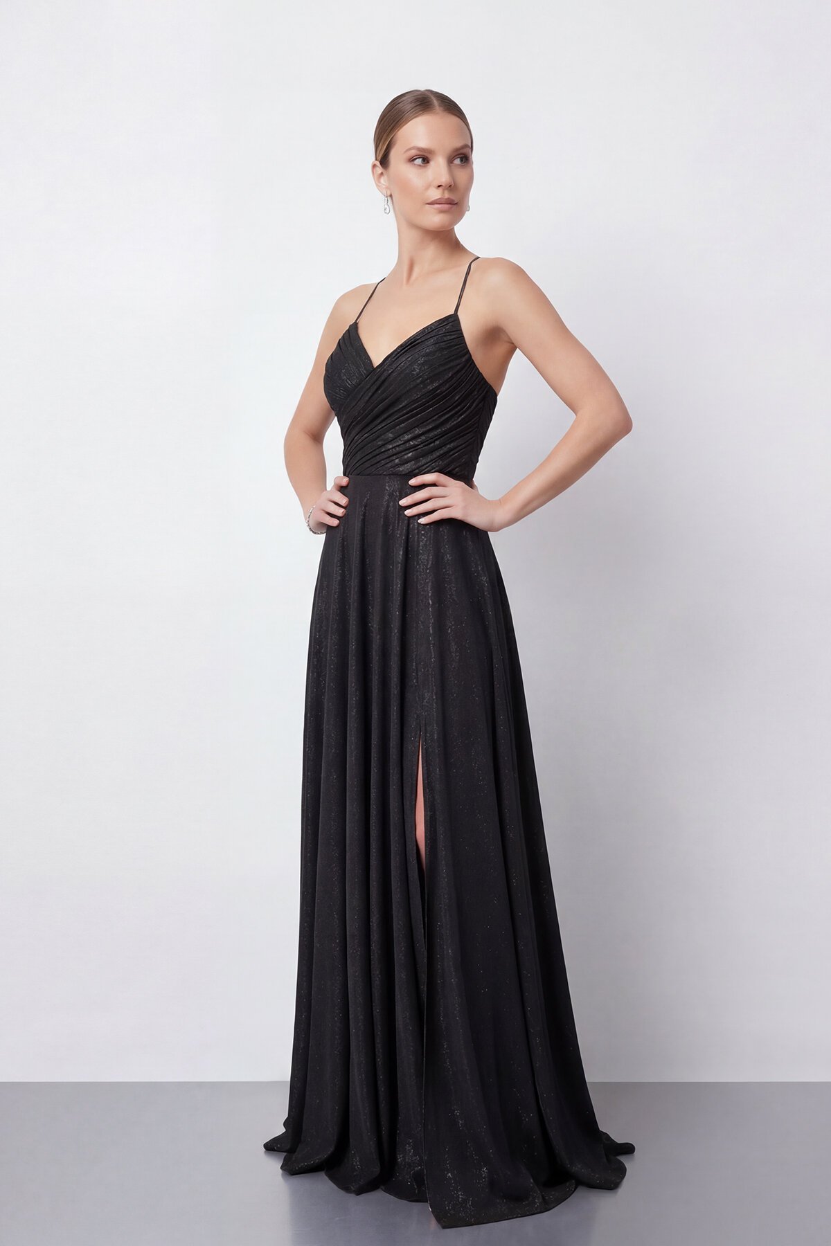 Işıltılı İp Askılı Drapeli Elbise - 2052